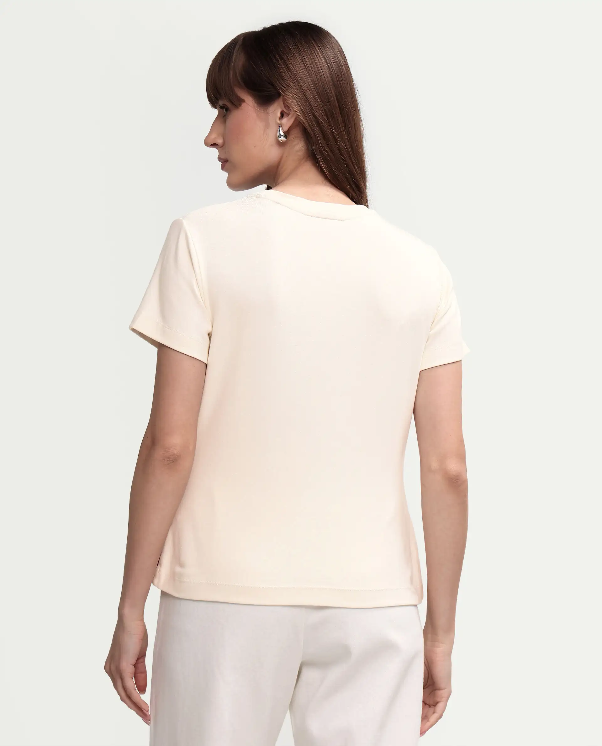 Rareism Women's Prel White Cotton Blend Crew Neck Plain Relaxed Fit T-Shirt - Image 7
