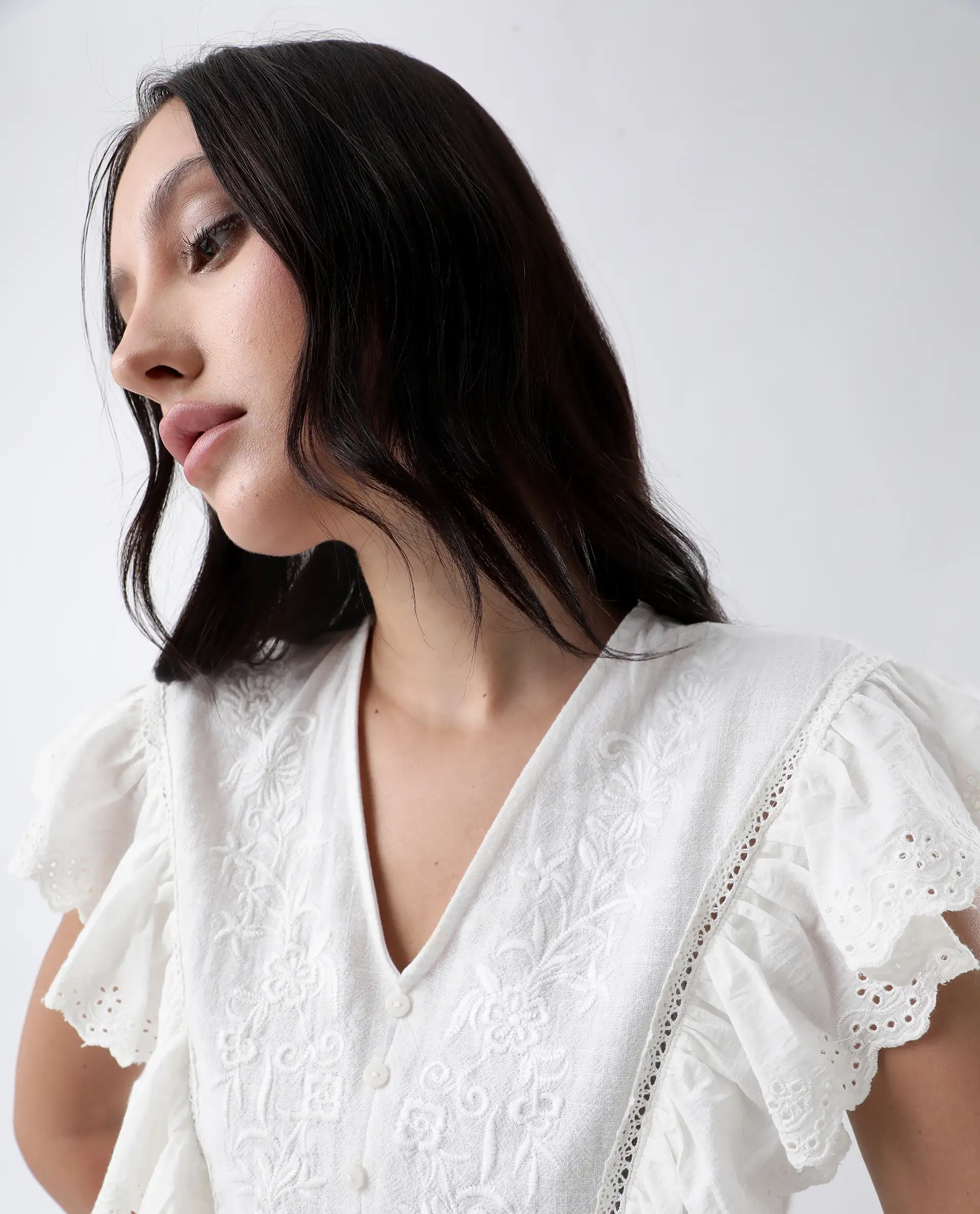 Rareism Women's Preler White Cotton V-Neck Plain Ruffled Sleeve Regular Fit Top - Image 2