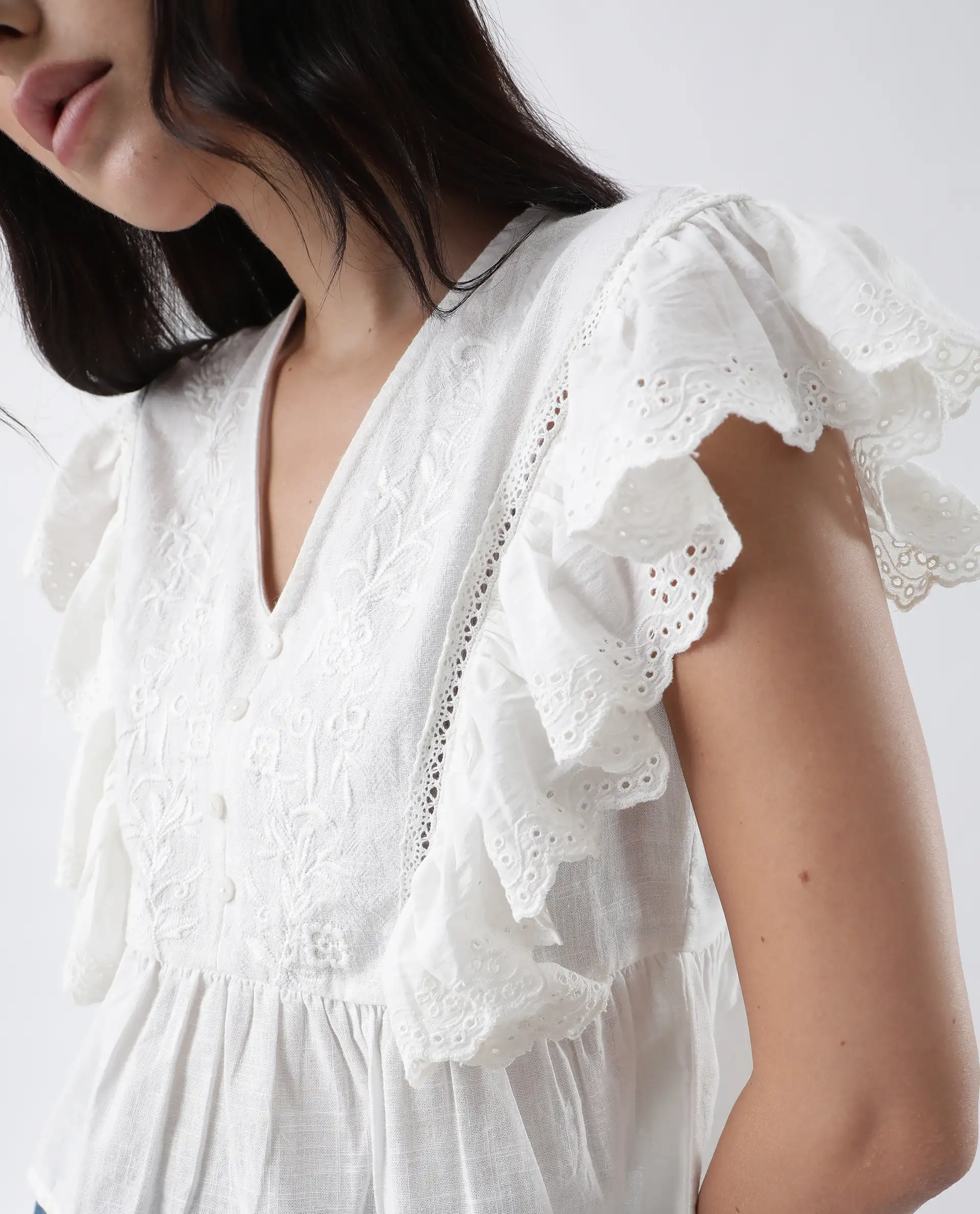 Rareism Women's Preler White Cotton V-Neck Plain Ruffled Sleeve Regular Fit Top - Image 3