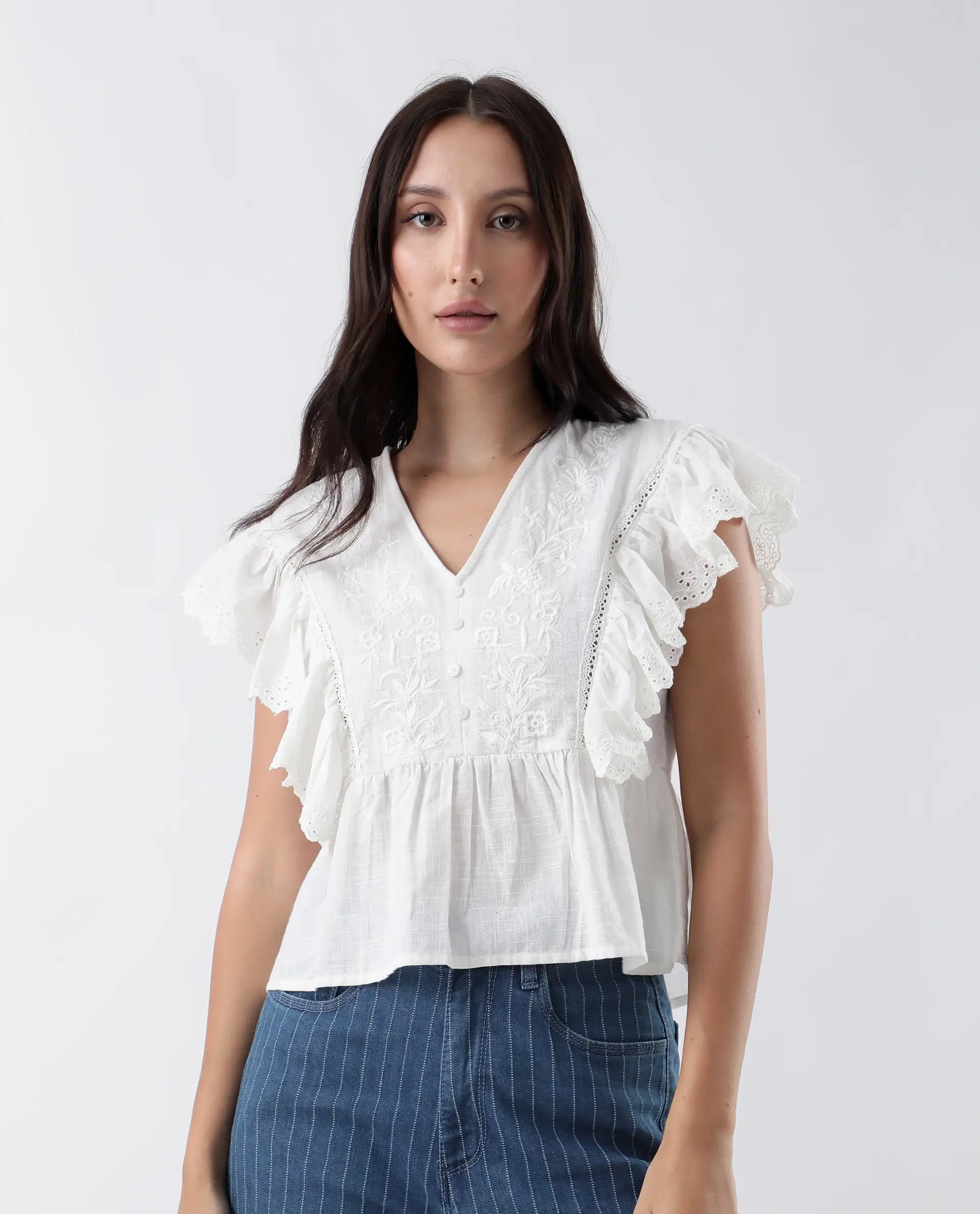 Rareism Women's Preler White Cotton V-Neck Plain Ruffled Sleeve Regular Fit Top - Image 4