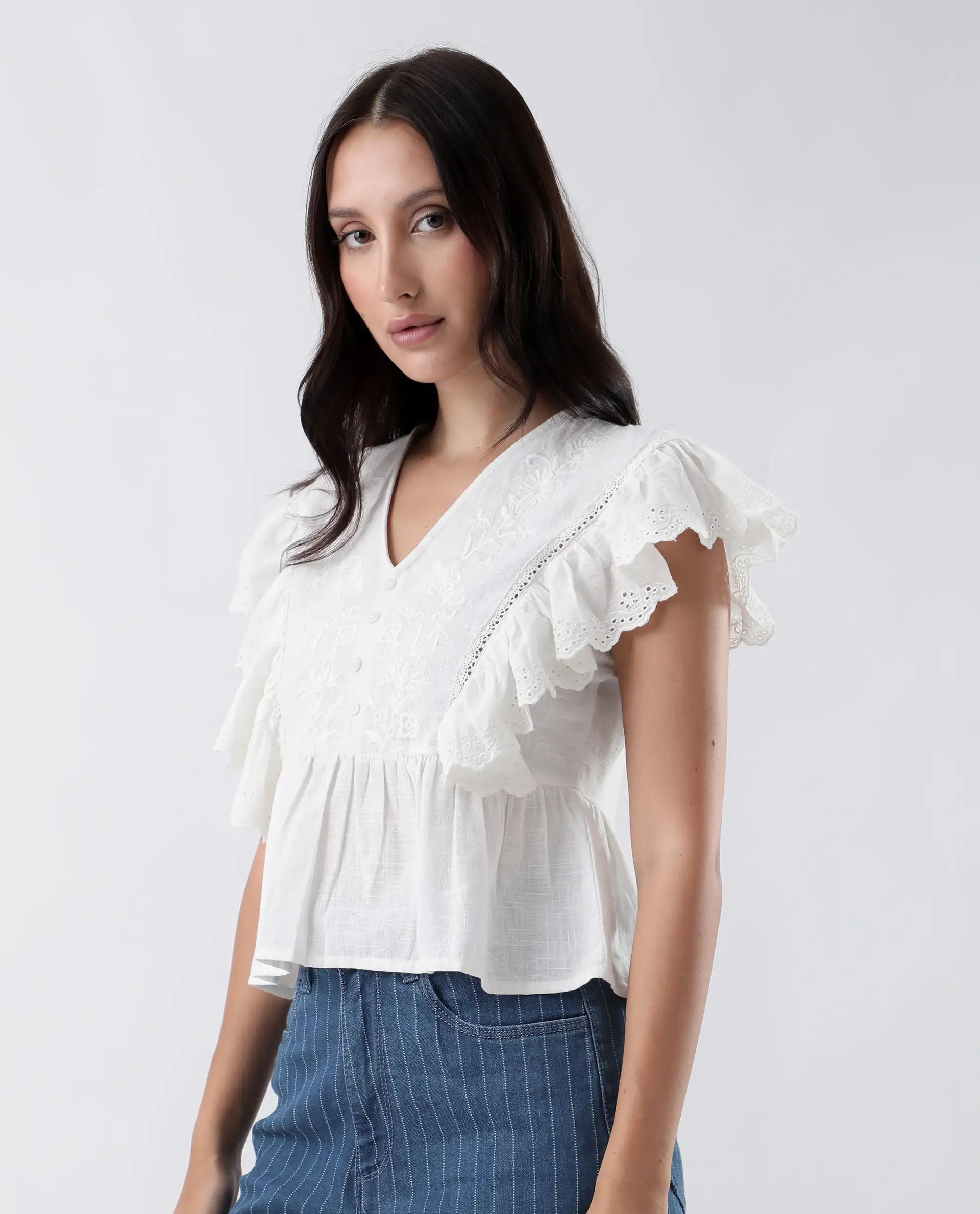 Rareism Women's Preler White Cotton V-Neck Plain Ruffled Sleeve Regular Fit Top - Image 5