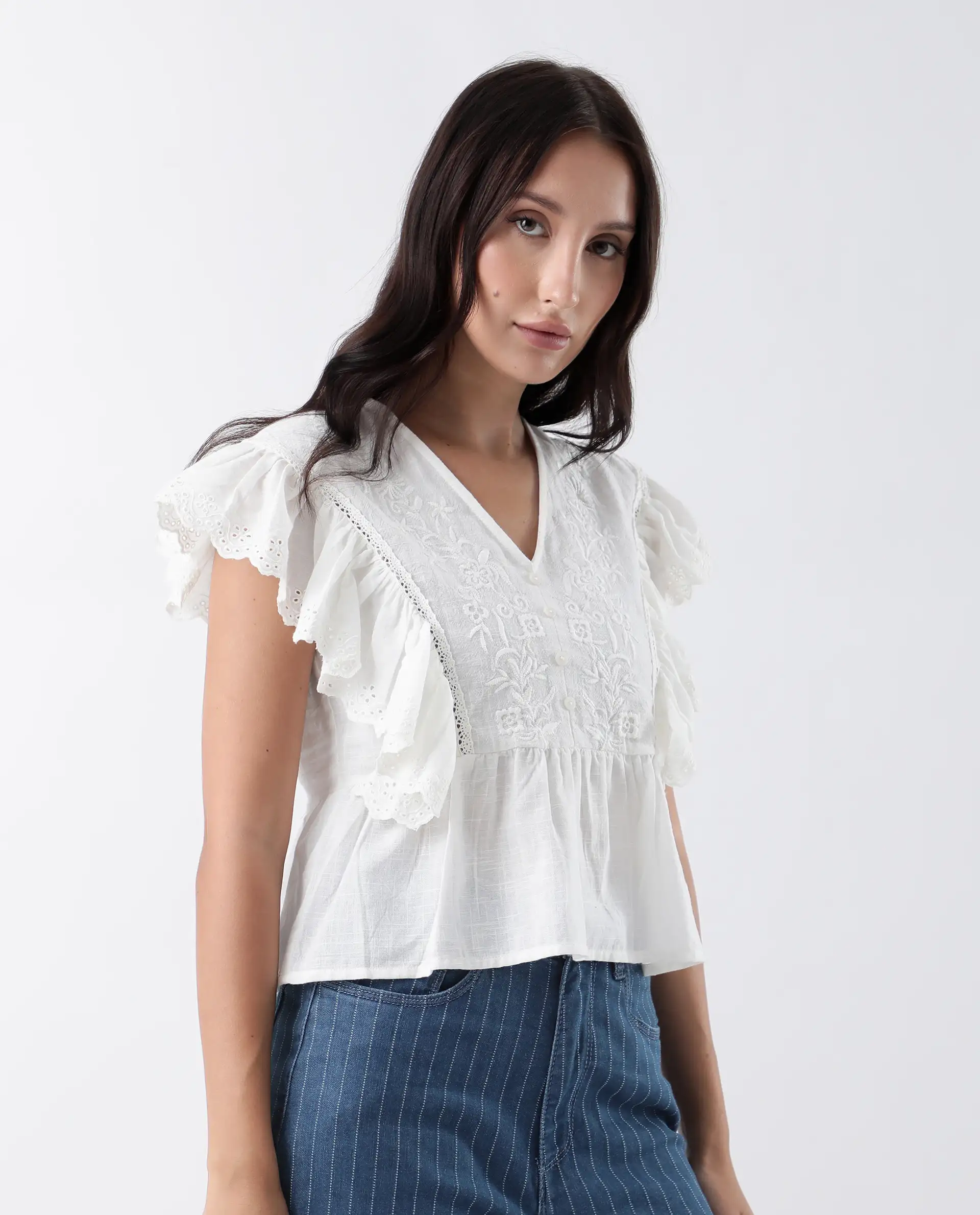 Rareism Women's Preler White Cotton V-Neck Plain Ruffled Sleeve Regular Fit Top - Image 6