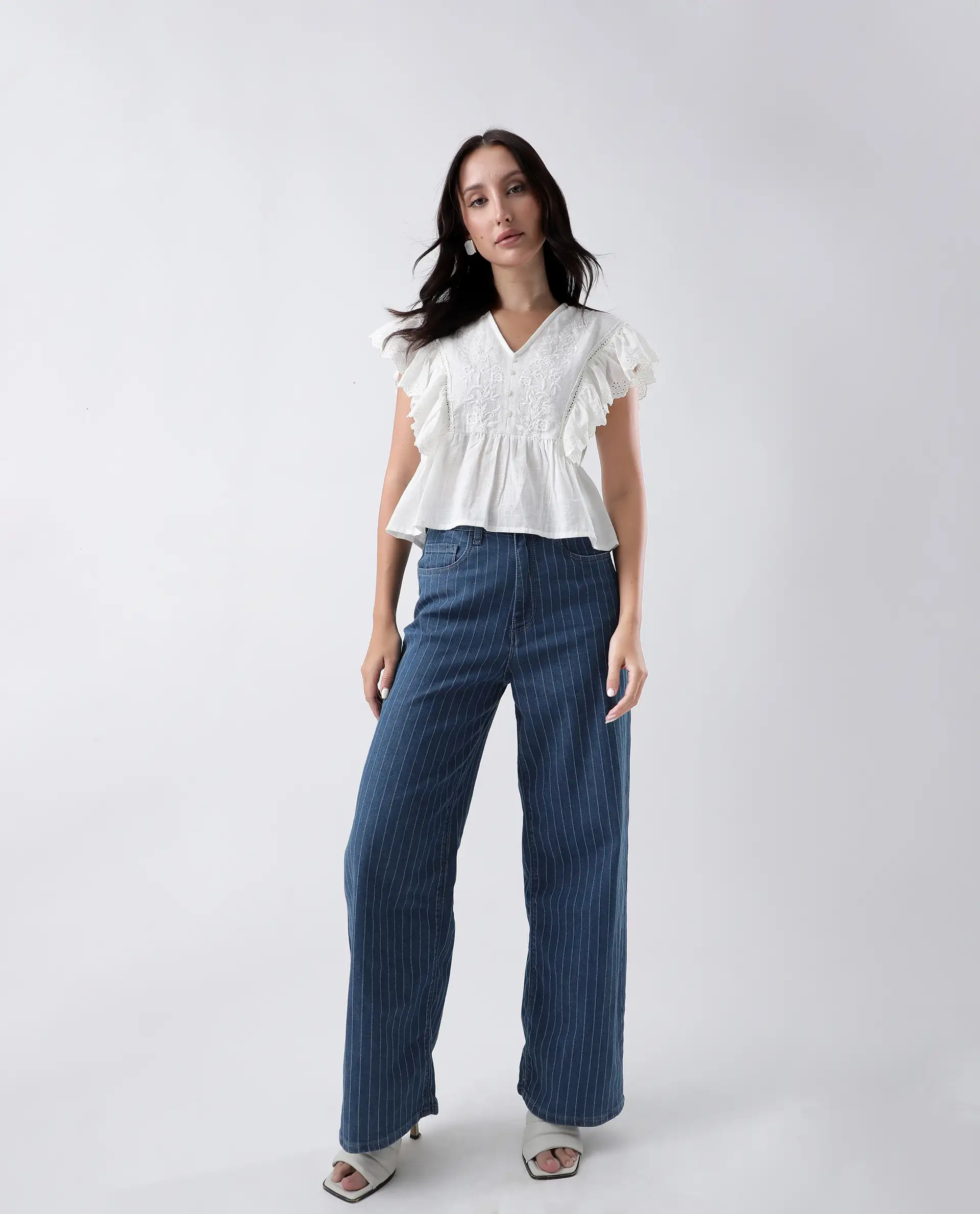 Rareism Women's Preler White Cotton V-Neck Plain Ruffled Sleeve Regular Fit Top - Image 7