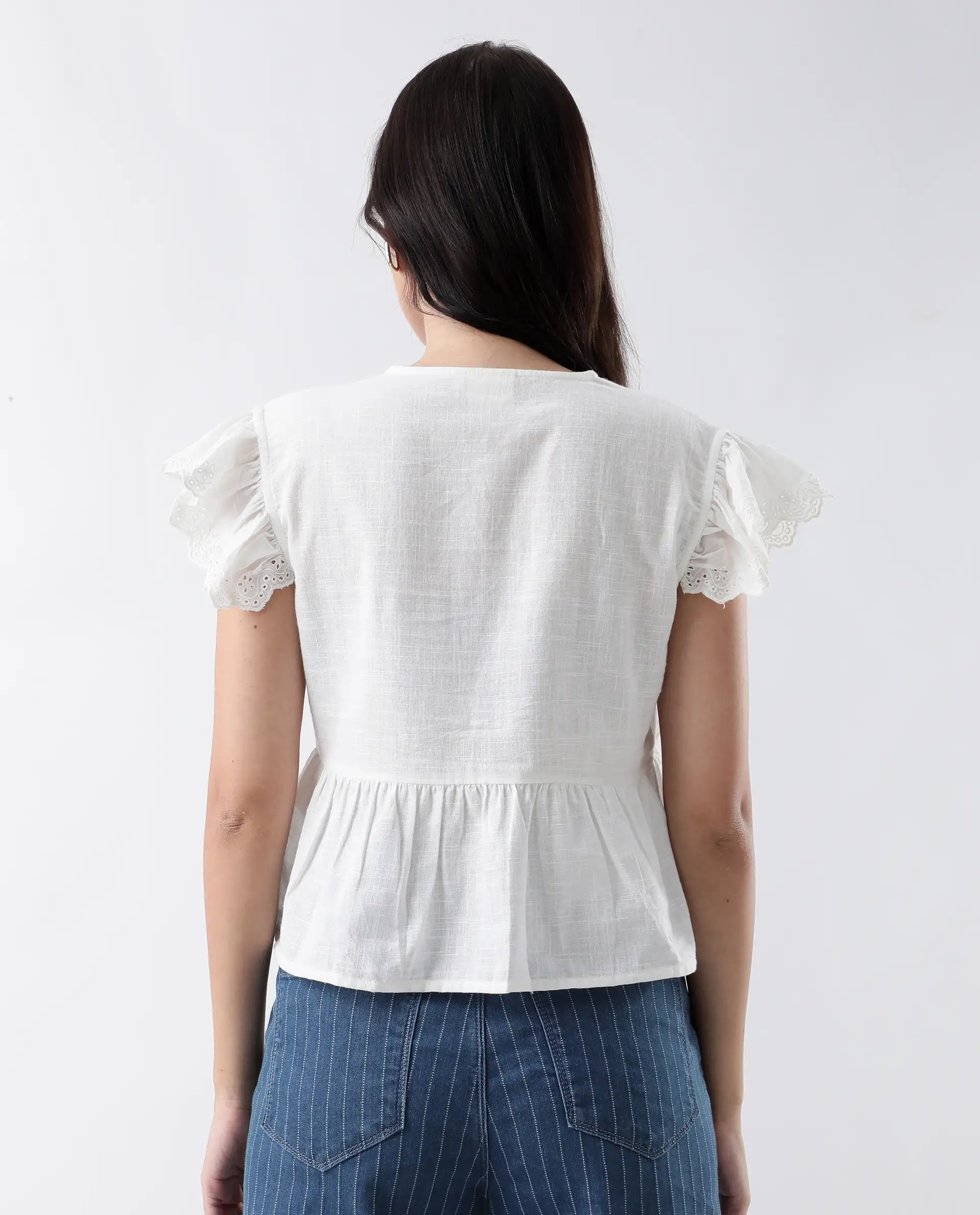 Rareism Women's Preler White Cotton V-Neck Plain Ruffled Sleeve Regular Fit Top - Image 8