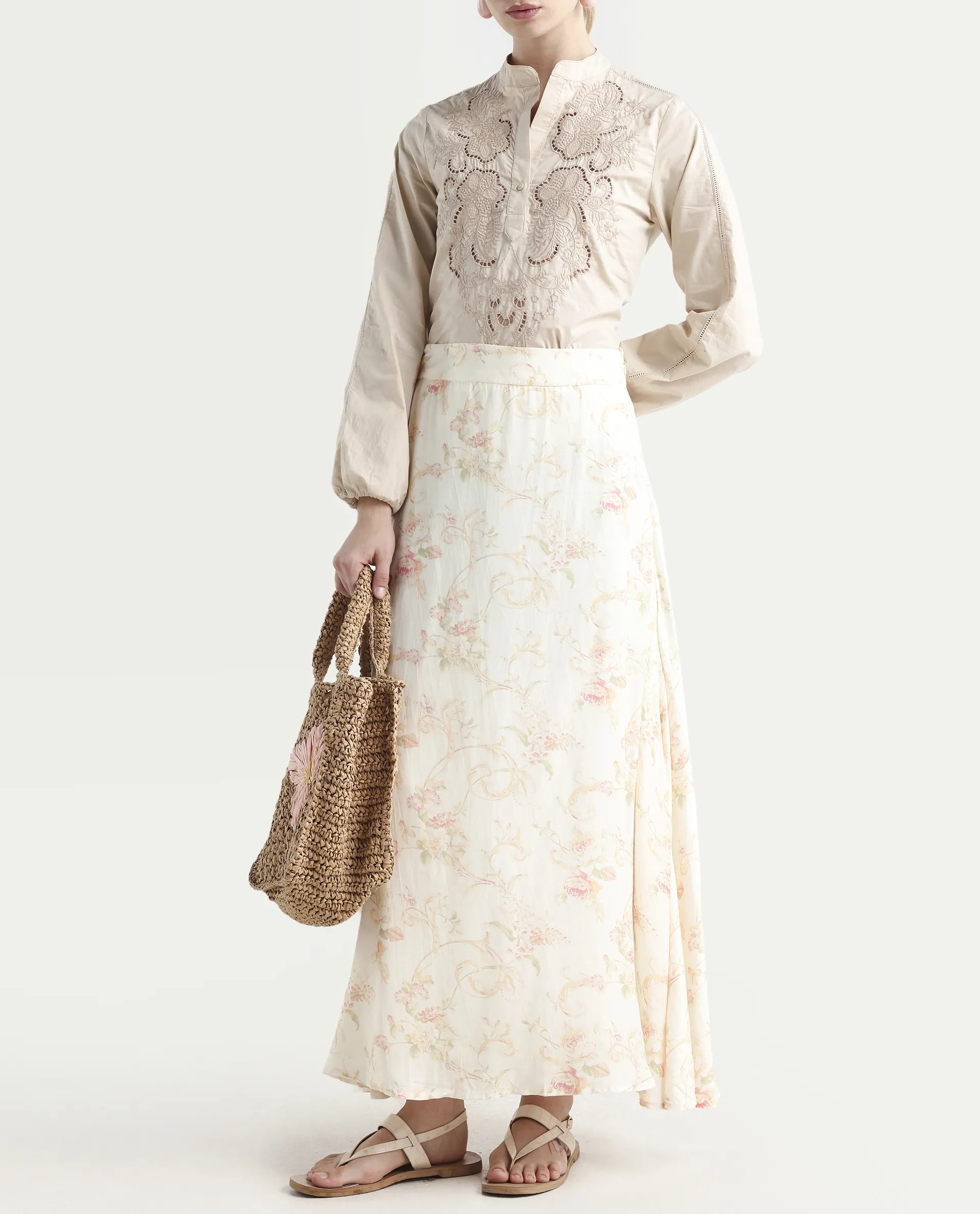 Rareism Women's Prelio Off White Viscose Floral Print Maxi A-Line Skirt - Image 2