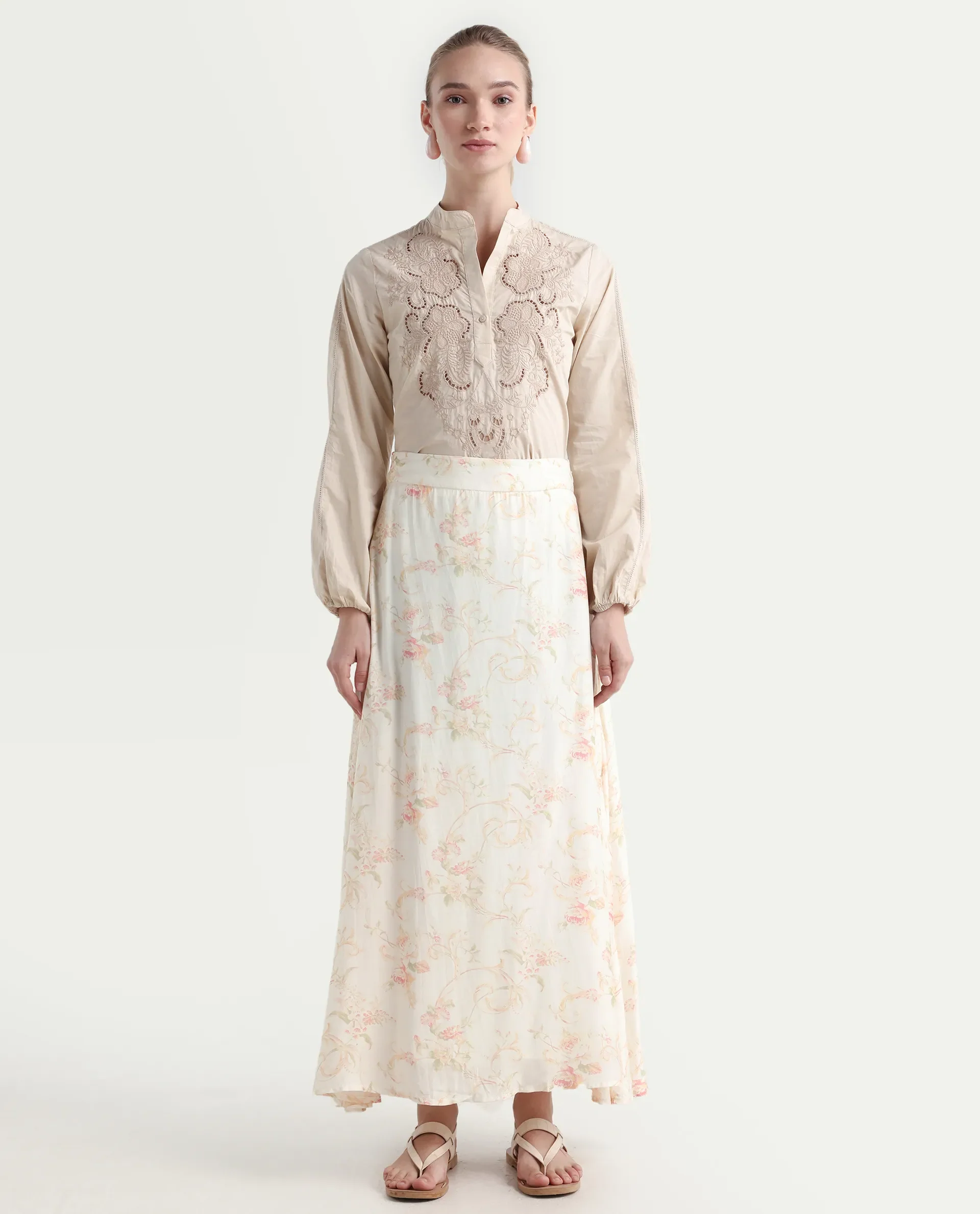 Rareism Women's Prelio Off White Viscose Floral Print Maxi A-Line Skirt - Image 3