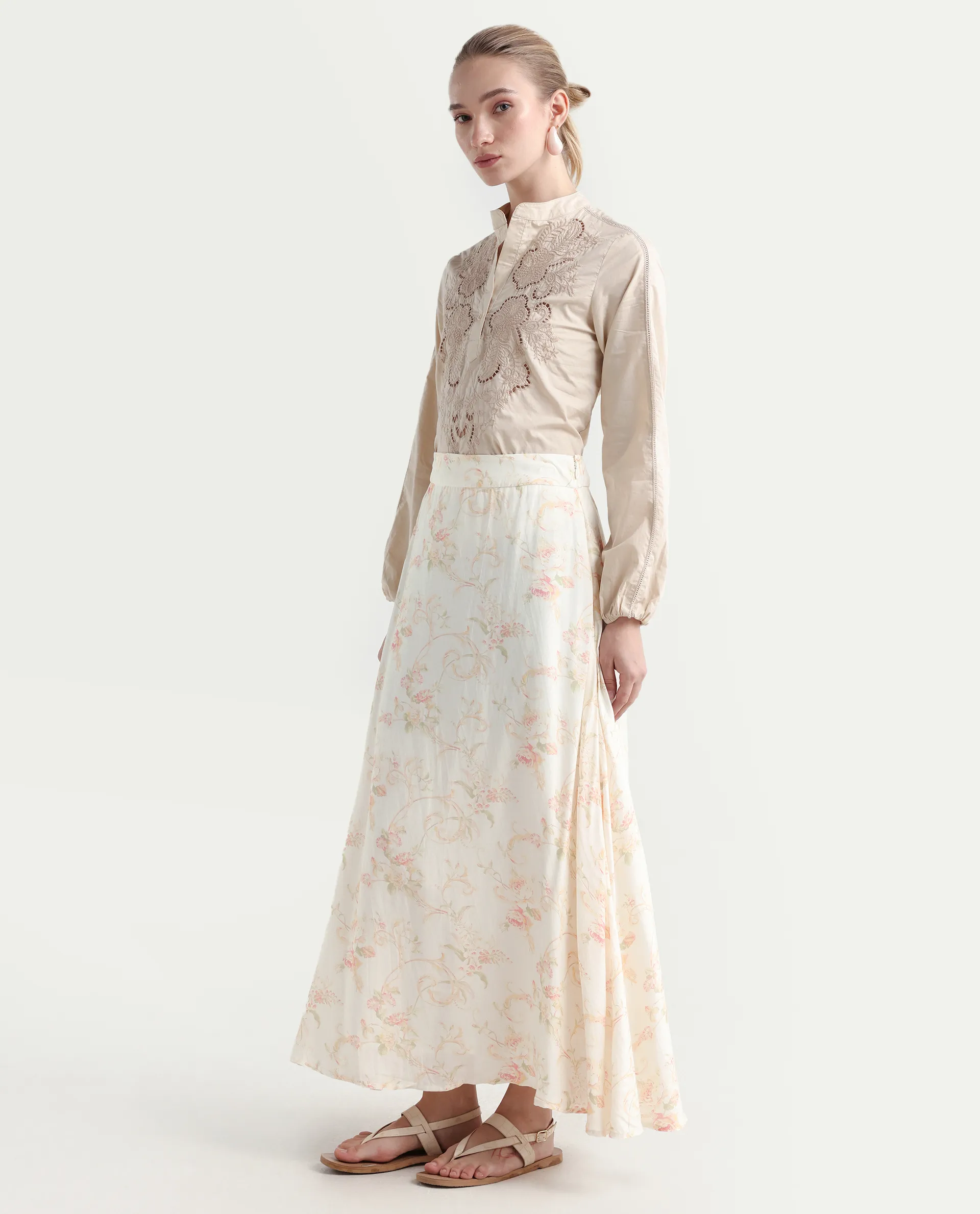 Rareism Women's Prelio Off White Viscose Floral Print Maxi A-Line Skirt - Image 5