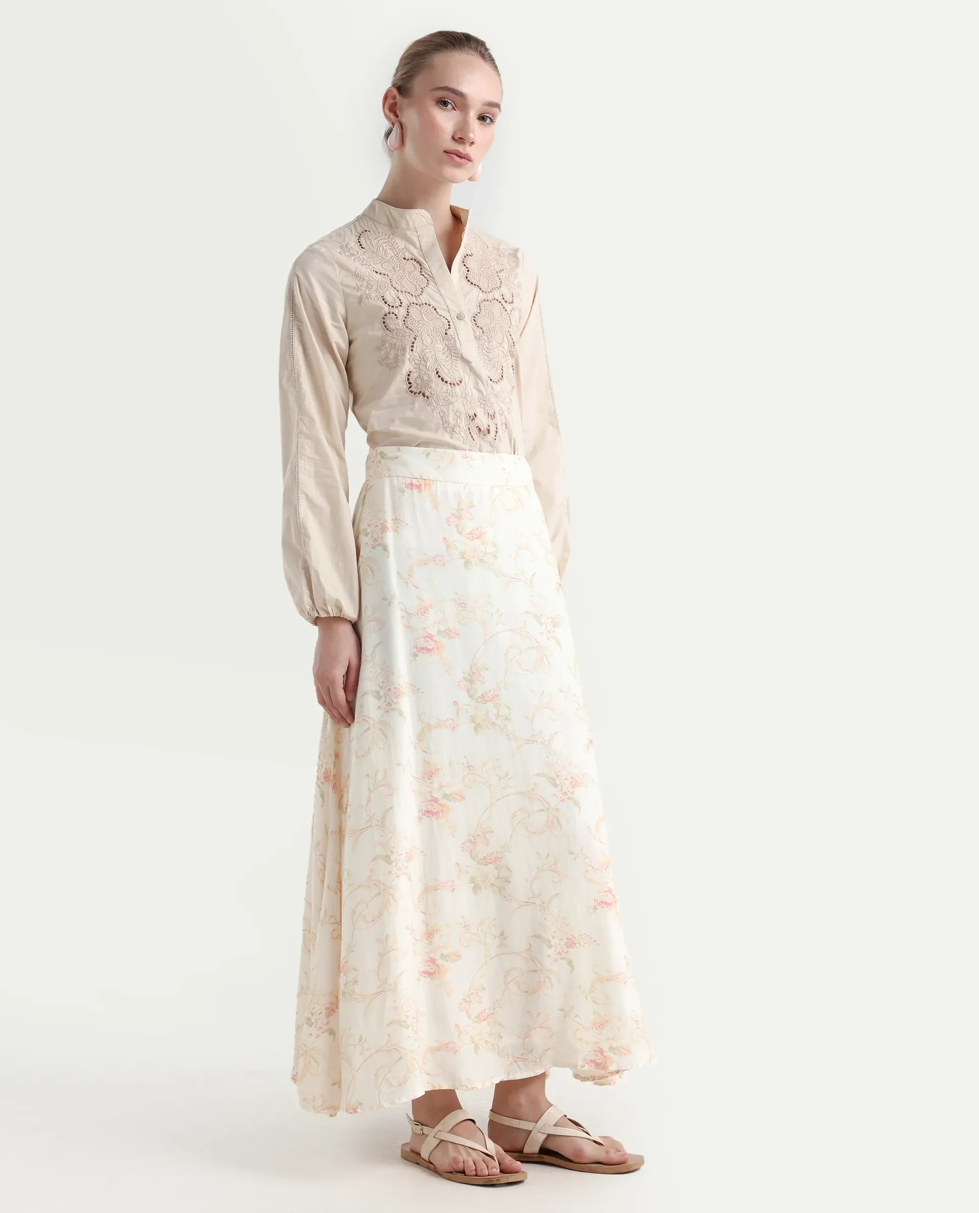 Rareism Women's Prelio Off White Viscose Floral Print Maxi A-Line Skirt - Image 6