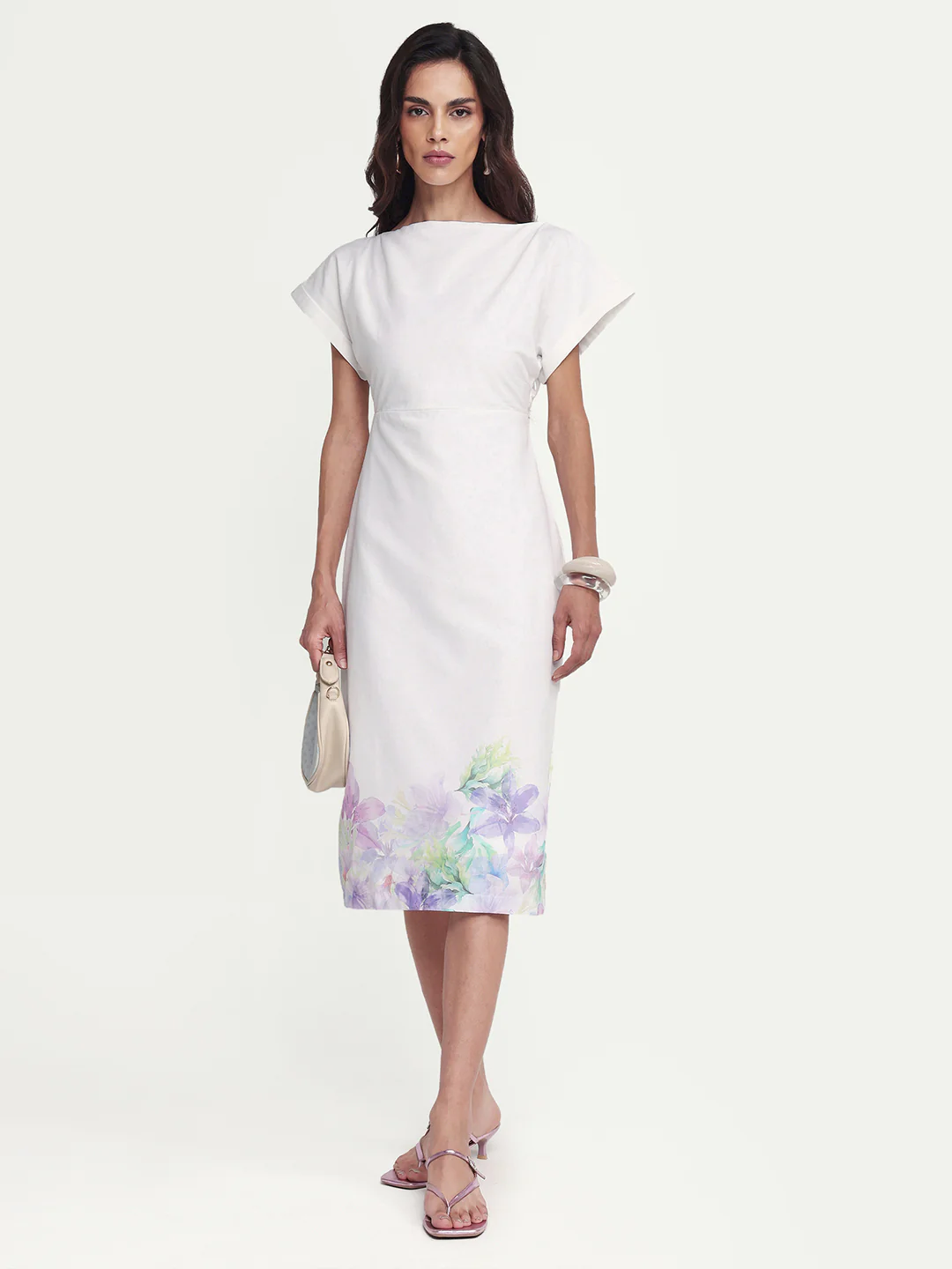 Rareism Women's Prelor White Cotton Boat Neck Floral Print Extended Sleeves Midi Straight Fit Dress - Image 2