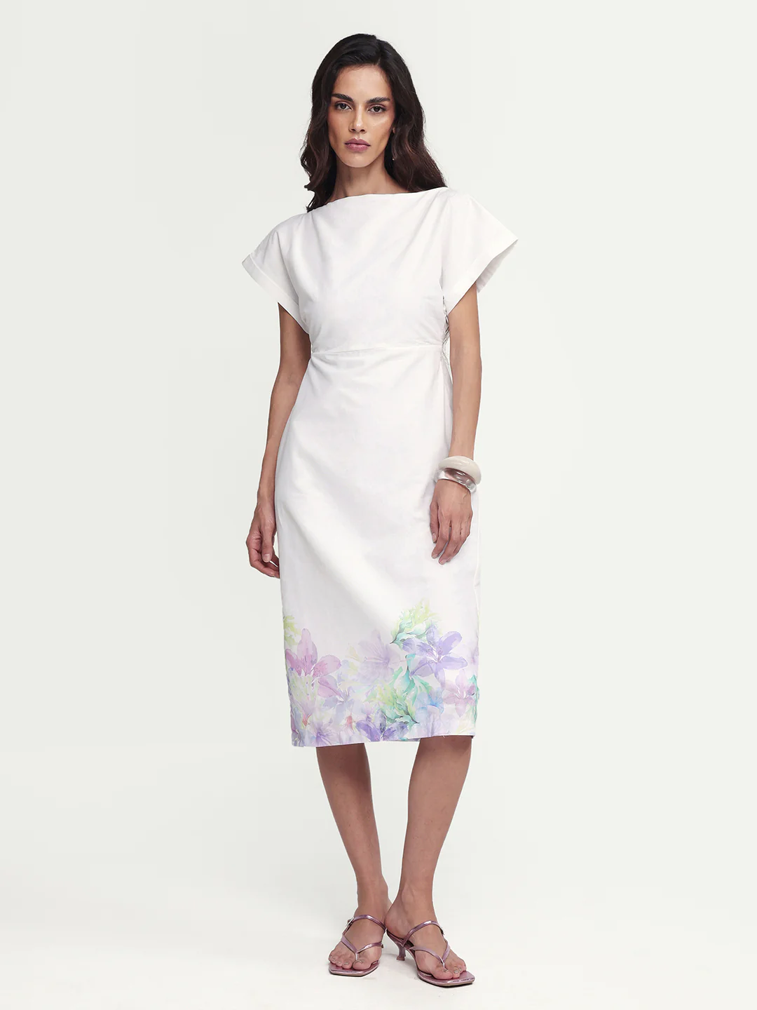 Rareism Women's Prelor White Cotton Boat Neck Floral Print Extended Sleeves Midi Straight Fit Dress - Image 4