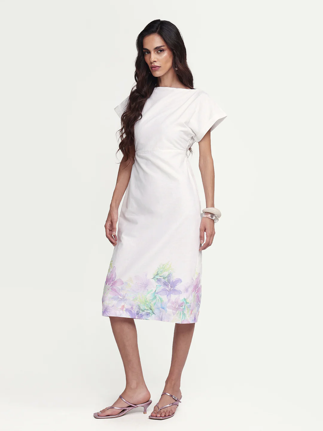 Rareism Women's Prelor White Cotton Boat Neck Floral Print Extended Sleeves Midi Straight Fit Dress - Image 5