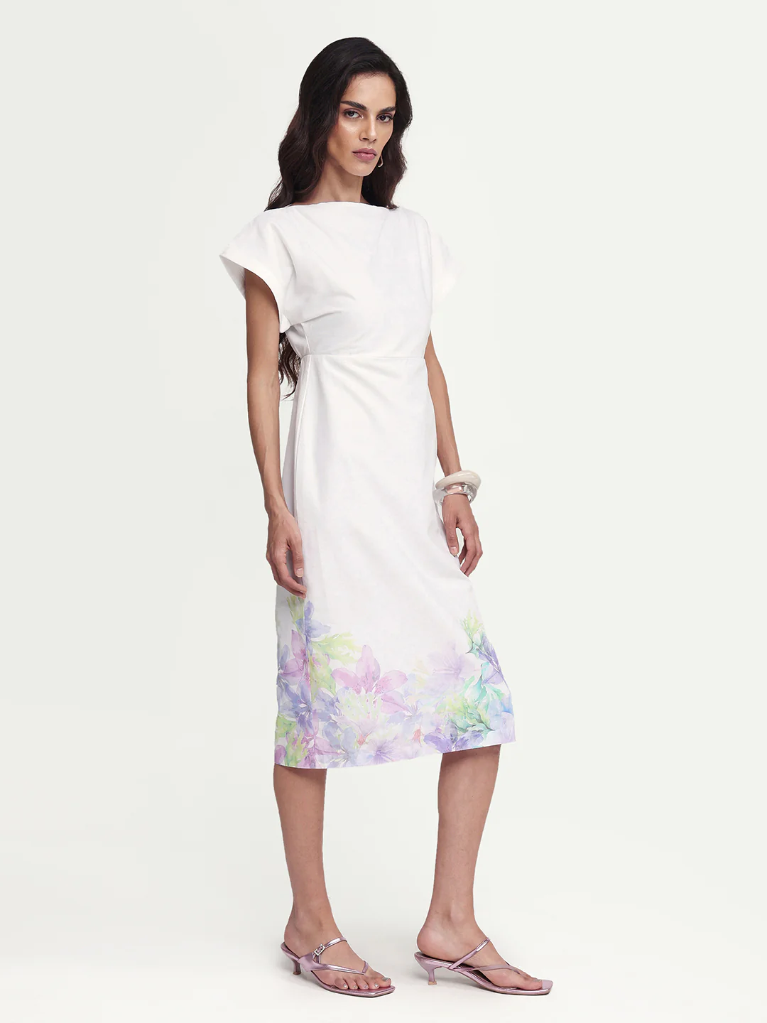 Rareism Women's Prelor White Cotton Boat Neck Floral Print Extended Sleeves Midi Straight Fit Dress - Image 6