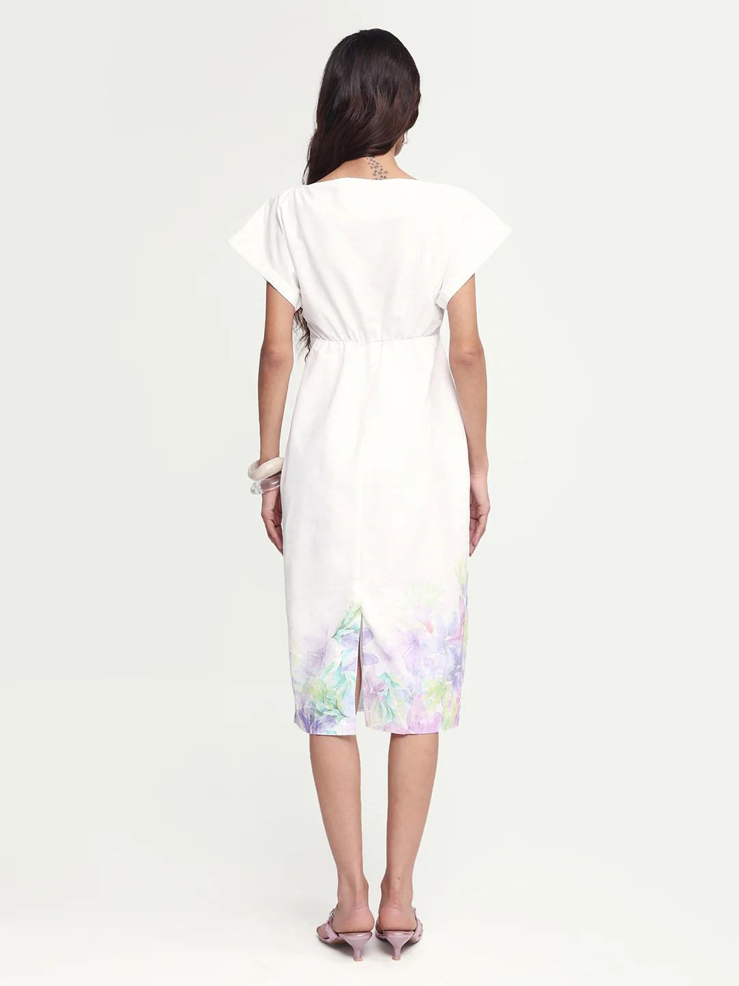 Rareism Women's Prelor White Cotton Boat Neck Floral Print Extended Sleeves Midi Straight Fit Dress - Image 7