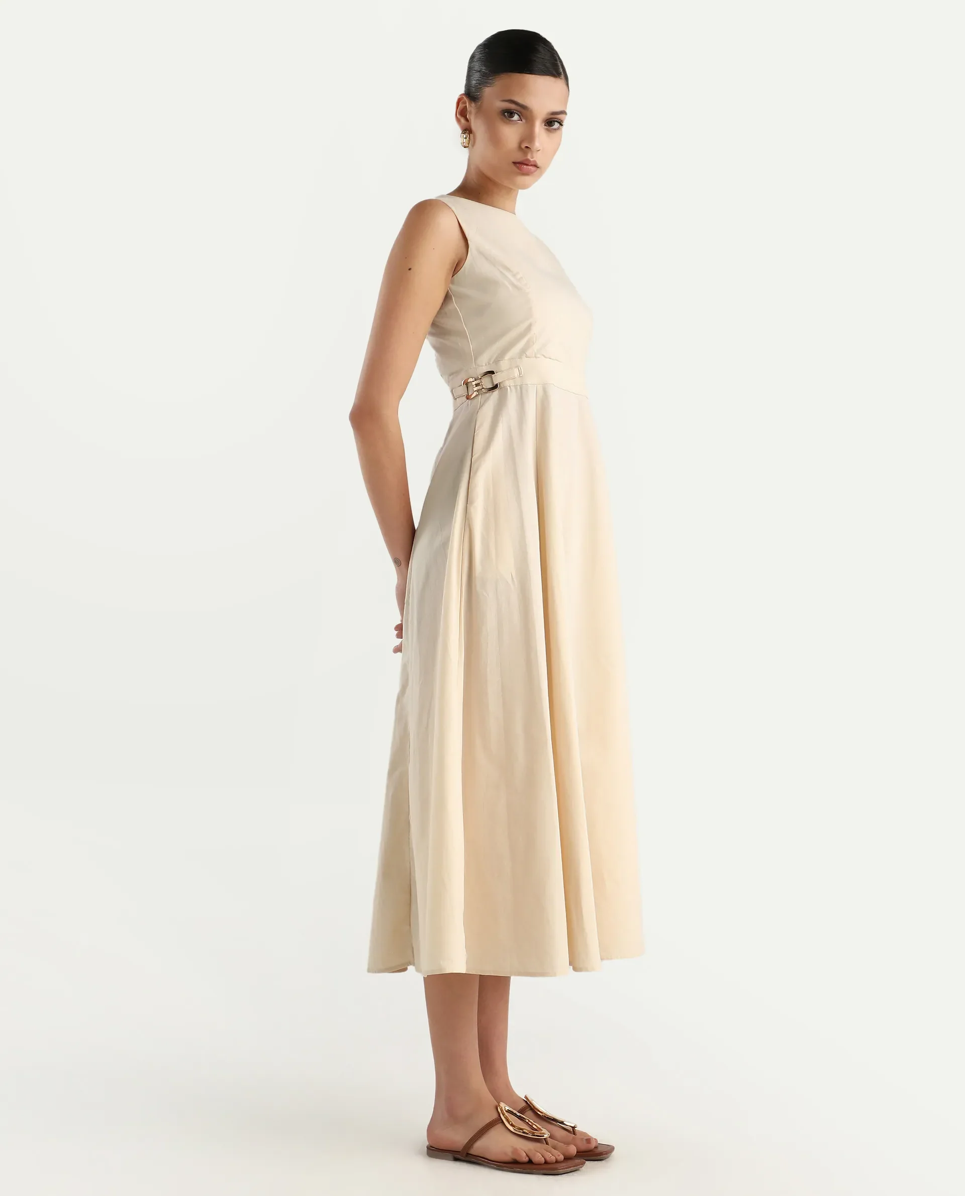 Rareism Women's Prelu Beige Cotton Round Neck Plain Sleeveless Maxi A-Line Dress