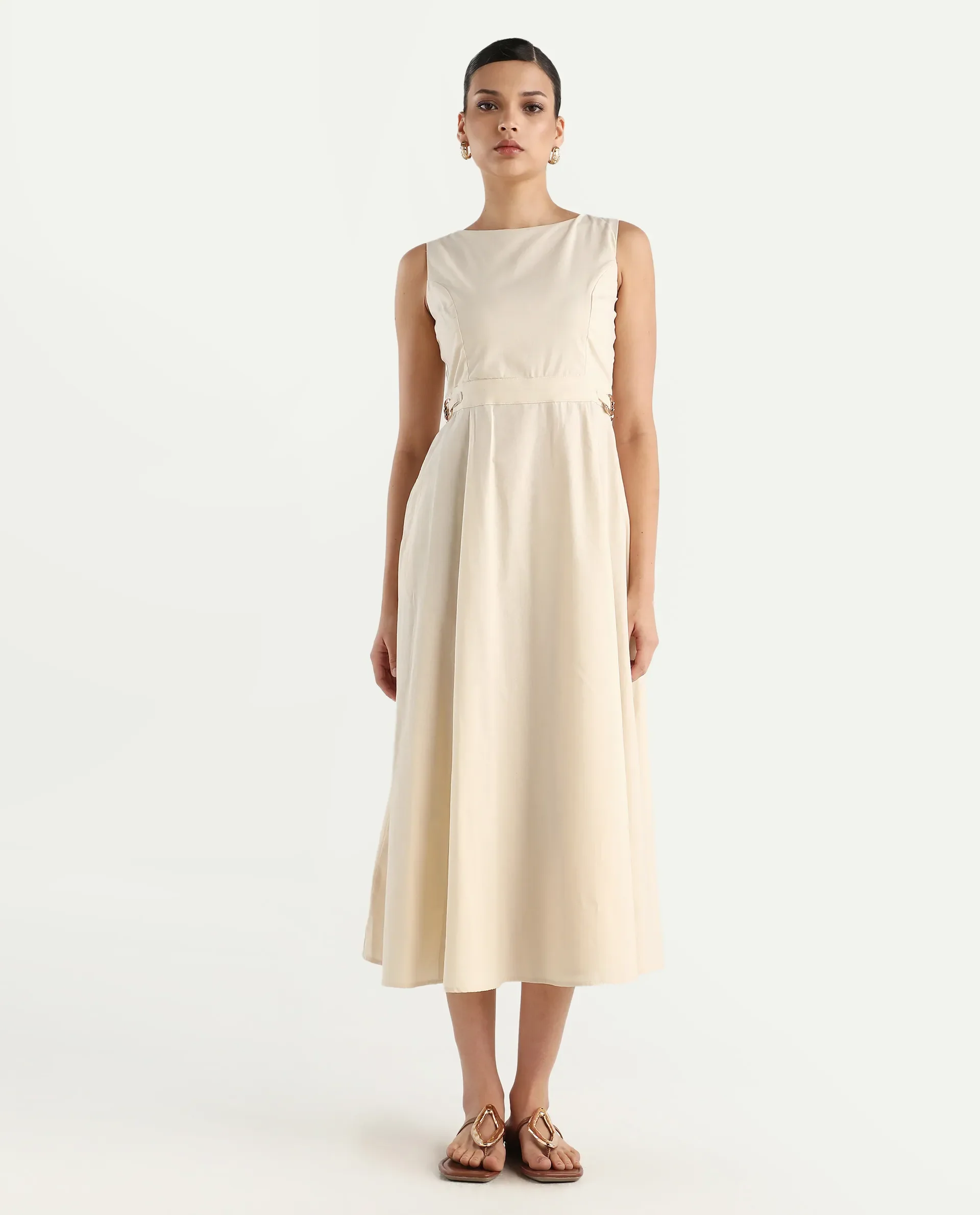 Rareism Women's Prelu Beige Cotton Round Neck Plain Sleeveless Maxi A-Line Dress - Image 2