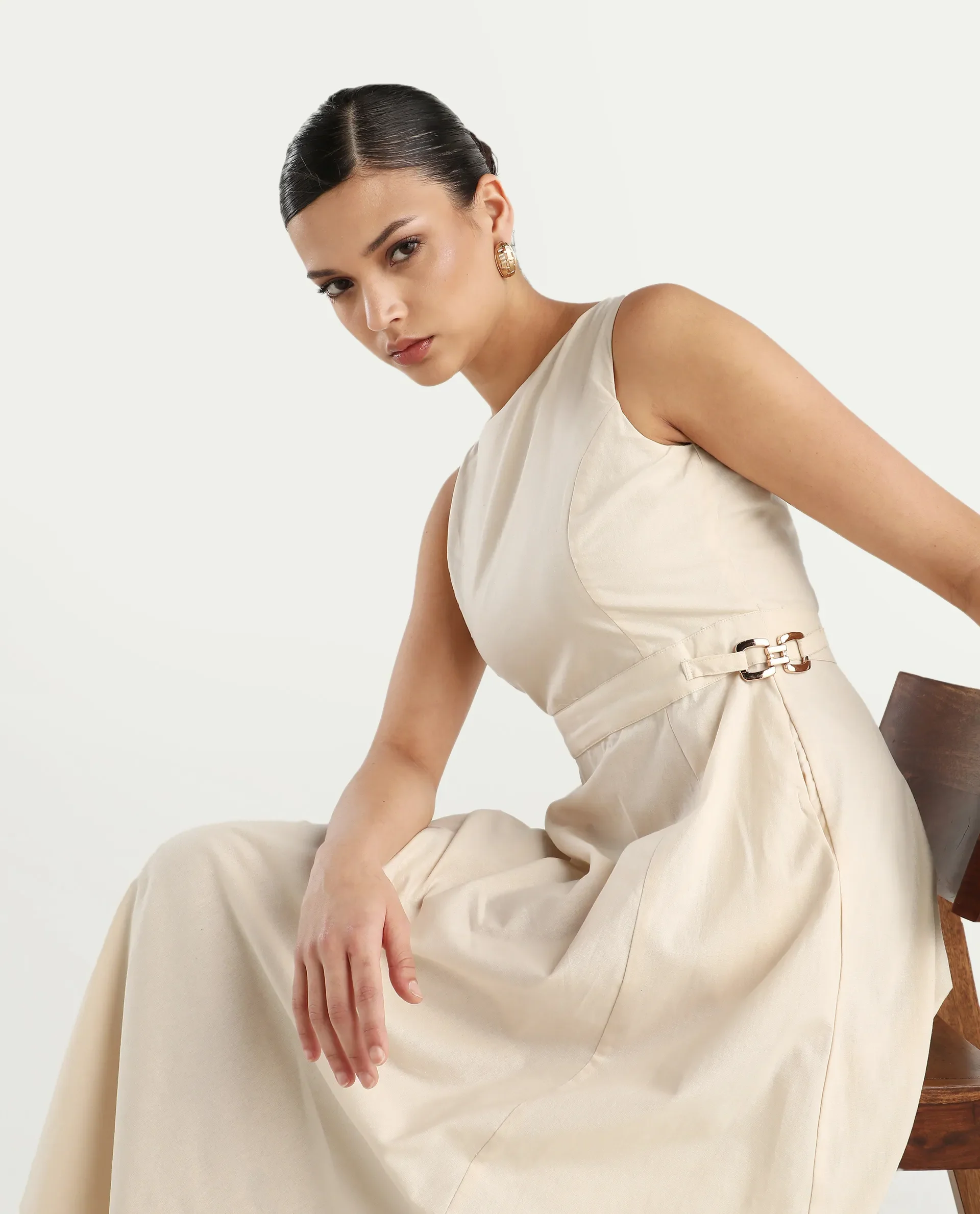 Rareism Women's Prelu Beige Cotton Round Neck Plain Sleeveless Maxi A-Line Dress - Image 3