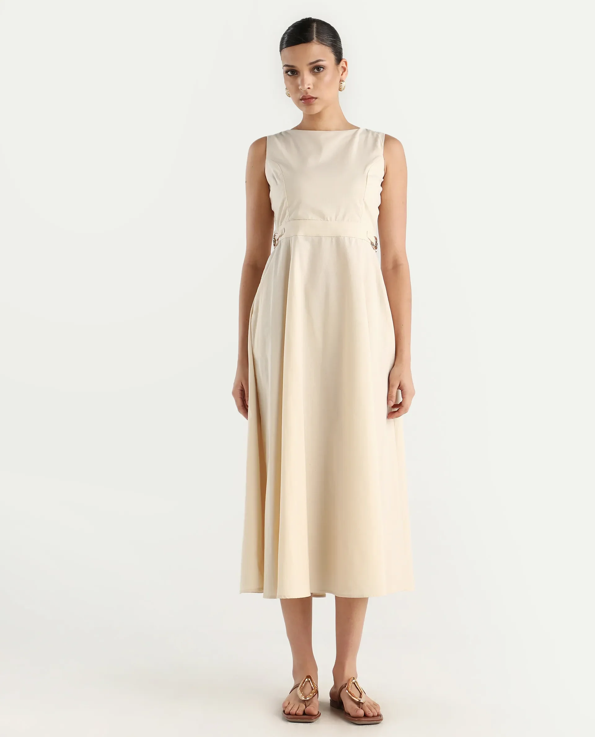 Rareism Women's Prelu Beige Cotton Round Neck Plain Sleeveless Maxi A-Line Dress - Image 4