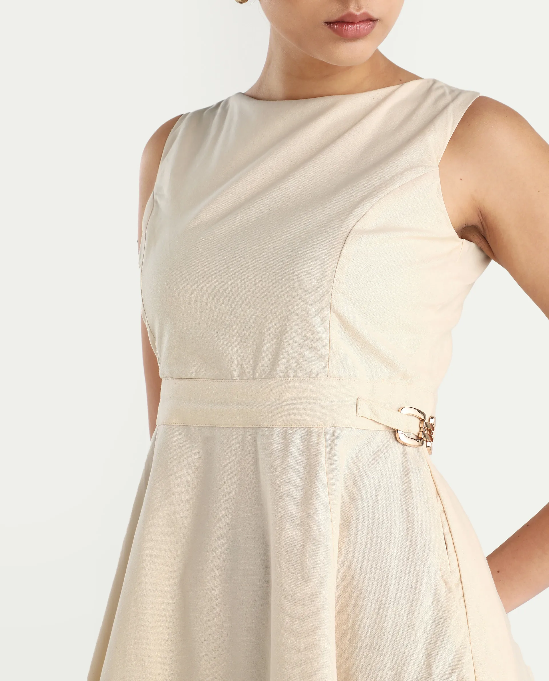 Rareism Women's Prelu Beige Cotton Round Neck Plain Sleeveless Maxi A-Line Dress - Image 5