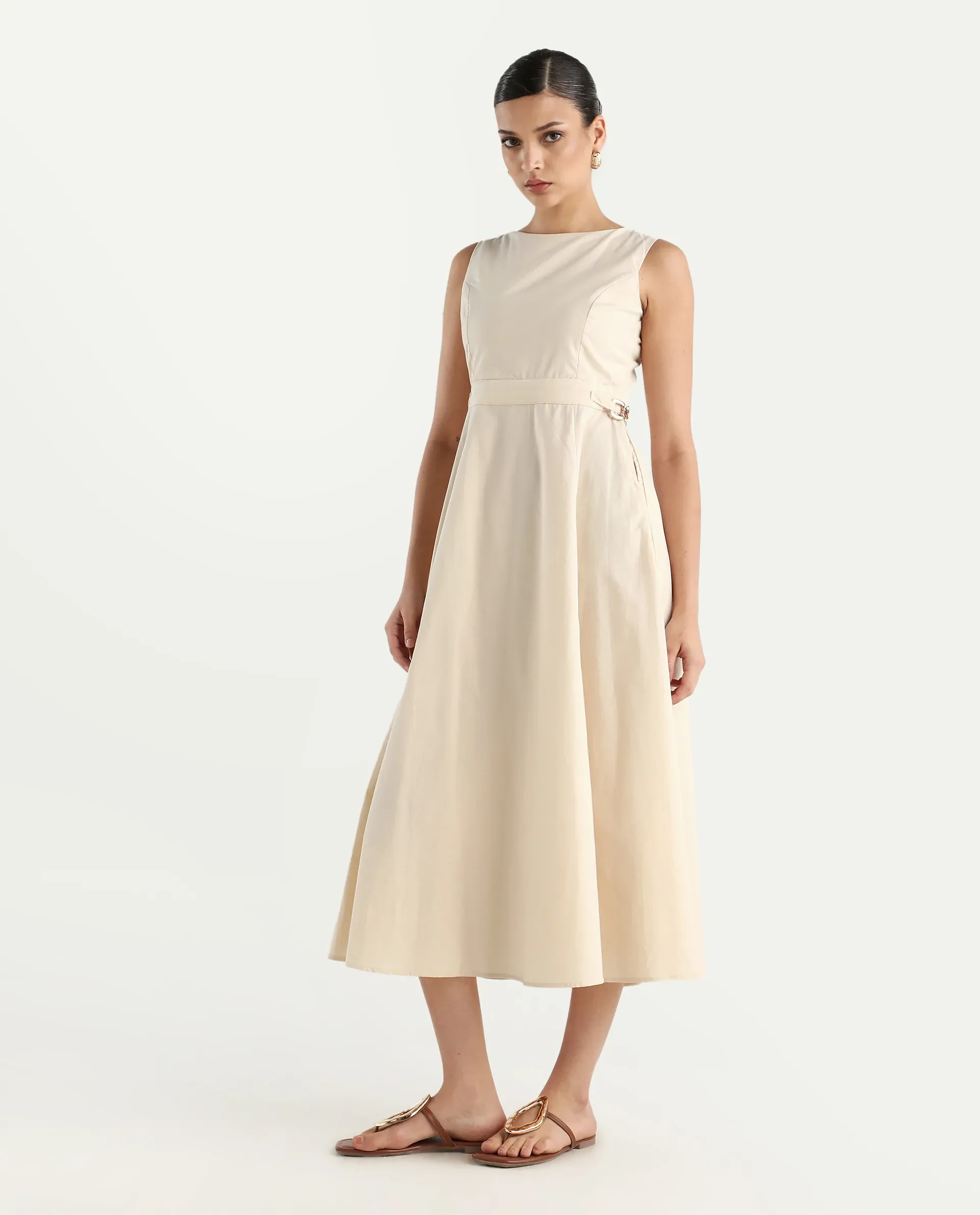 Rareism Women's Prelu Beige Cotton Round Neck Plain Sleeveless Maxi A-Line Dress - Image 6