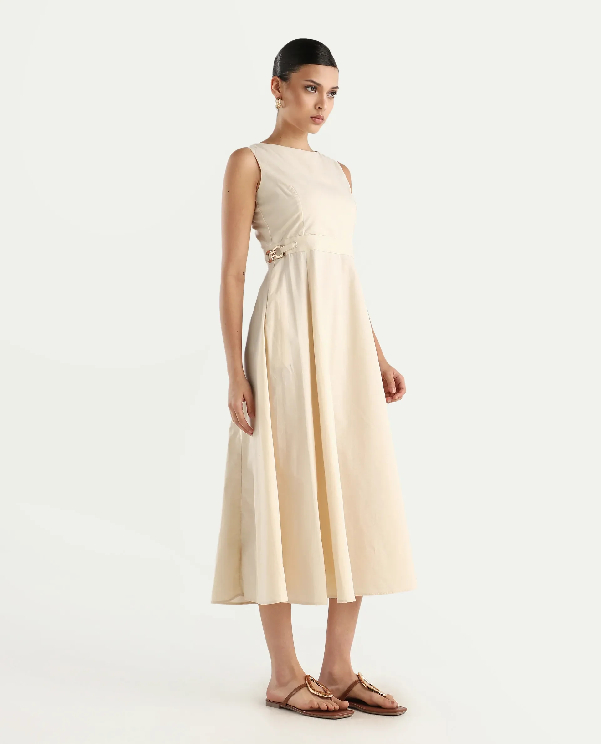 Rareism Women's Prelu Beige Cotton Round Neck Plain Sleeveless Maxi A-Line Dress - Image 7