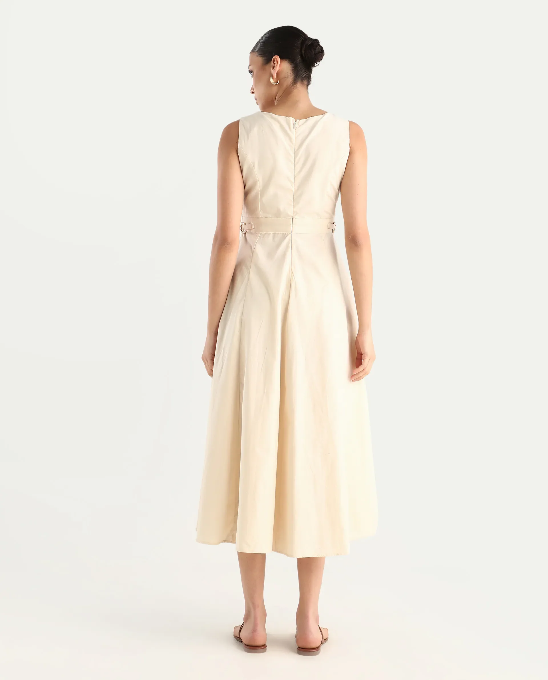Rareism Women's Prelu Beige Cotton Round Neck Plain Sleeveless Maxi A-Line Dress - Image 8