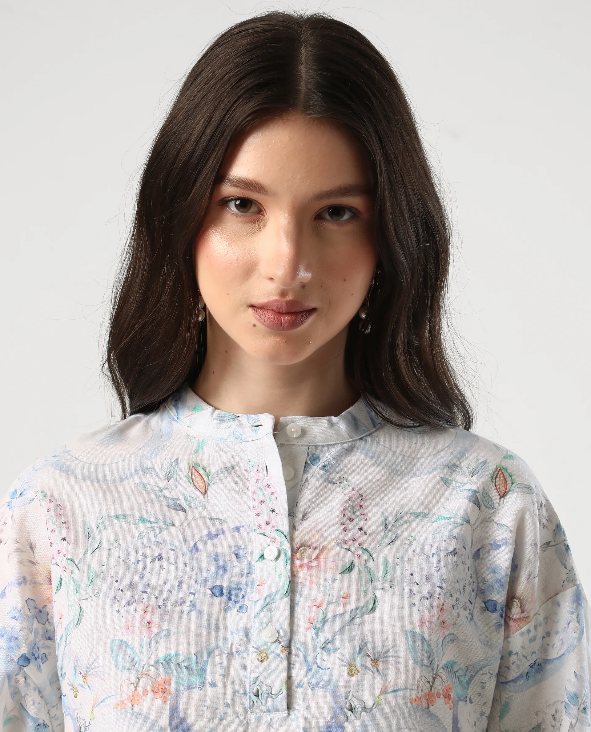 Rareism Women's Premer T Multi Cotton Blend Mandarin Collar Abstract Print Balloon Sleeve Regular Fit Top - Image 4