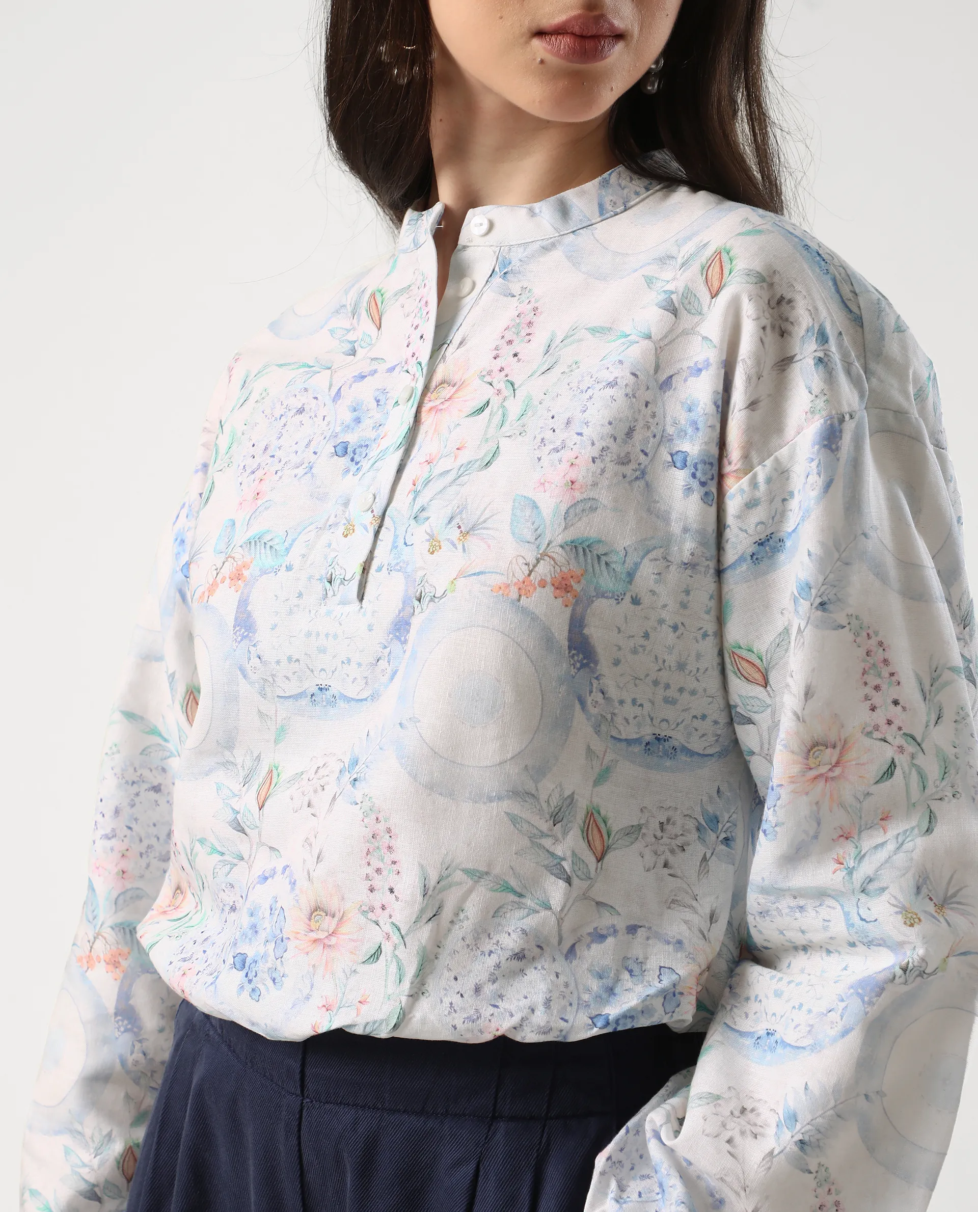 Rareism Women's Premer T Multi Cotton Blend Mandarin Collar Abstract Print Balloon Sleeve Regular Fit Top - Image 5