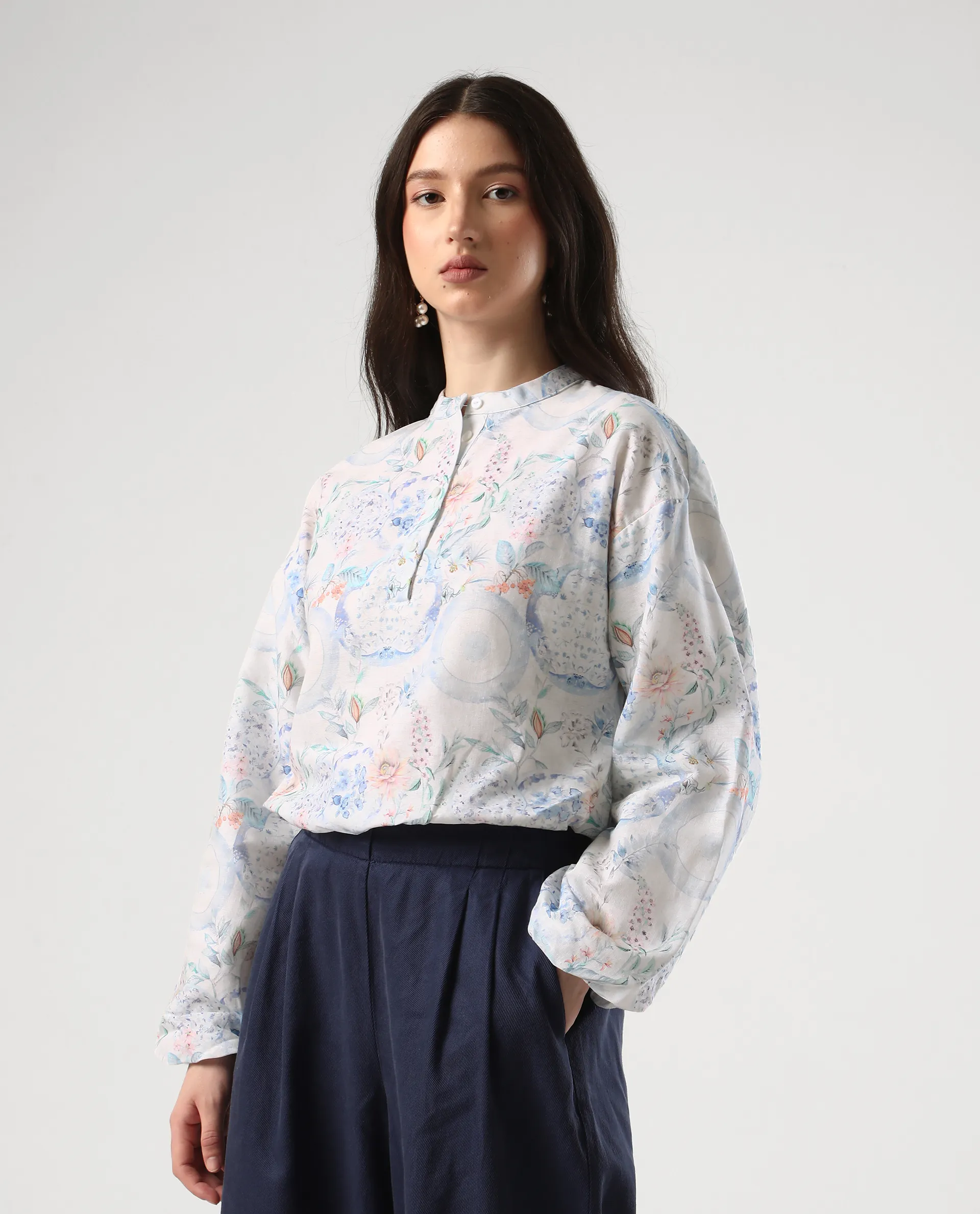 Rareism Women's Premer T Multi Cotton Blend Mandarin Collar Abstract Print Balloon Sleeve Regular Fit Top - Image 6