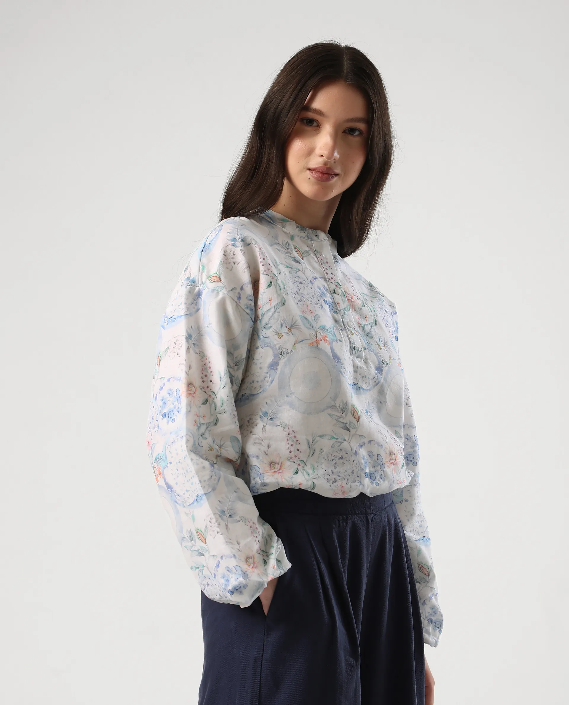 Rareism Women's Premer T Multi Cotton Blend Mandarin Collar Abstract Print Balloon Sleeve Regular Fit Top - Image 7