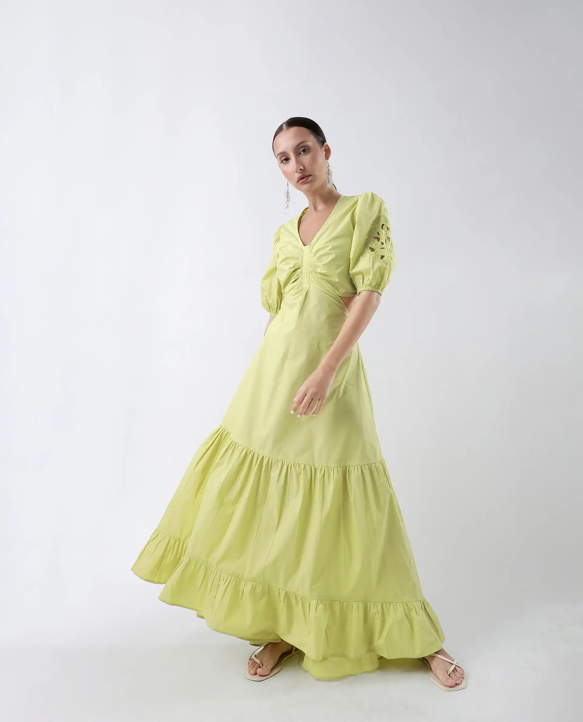 Rareism Women's Premier Green Cotton V-Neck Plain Puff Sleeves Maxi Fit And Flare Dress - Image 2