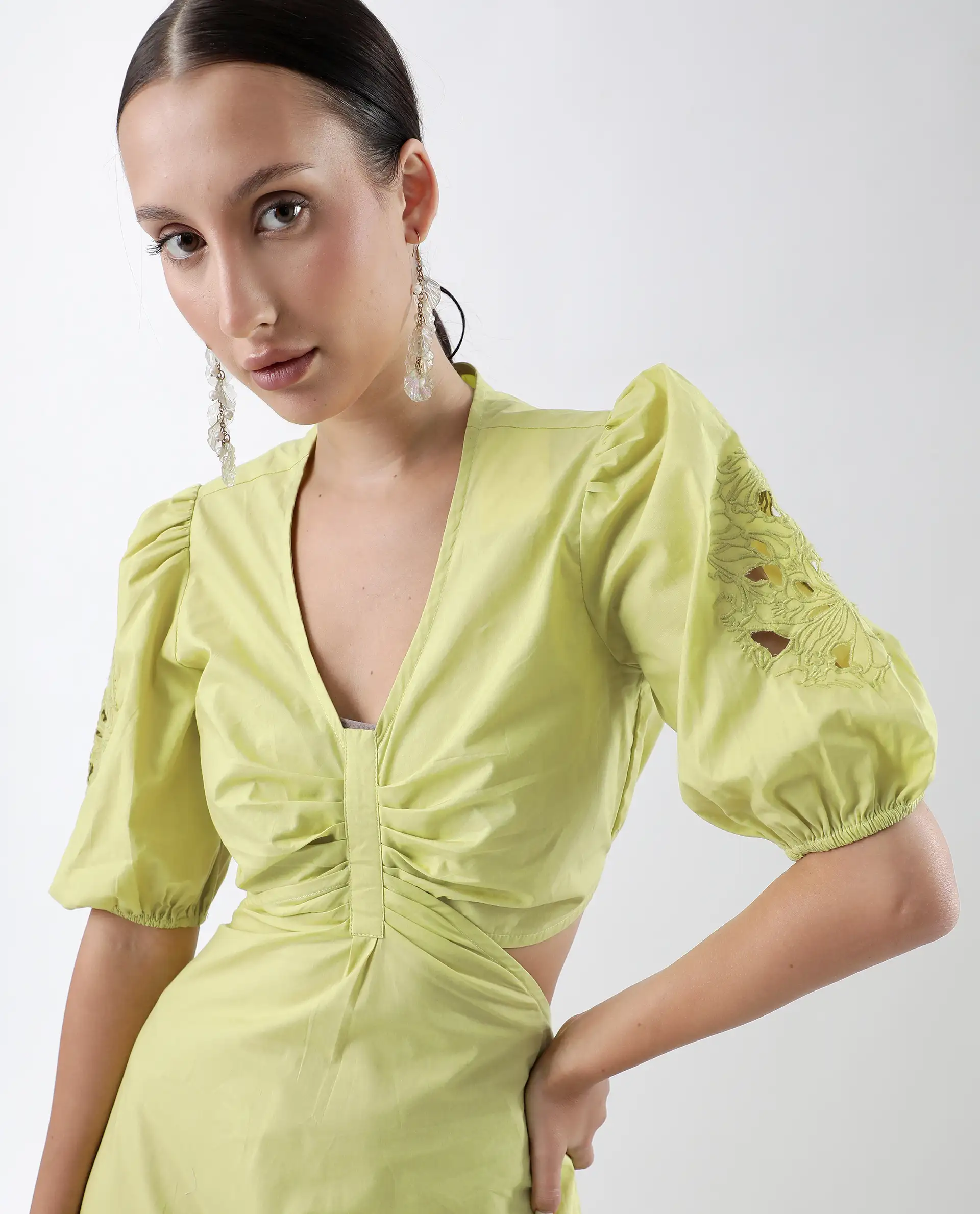Rareism Women's Premier Green Cotton V-Neck Plain Puff Sleeves Maxi Fit And Flare Dress - Image 3