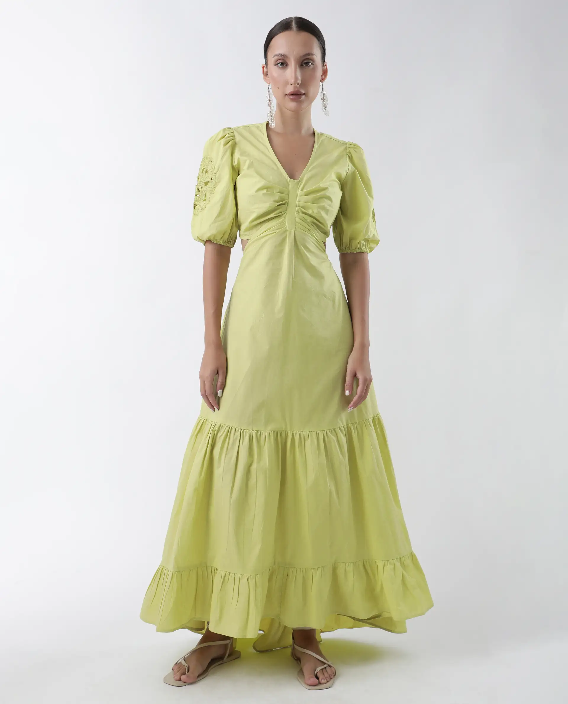 Rareism Women's Premier Green Cotton V-Neck Plain Puff Sleeves Maxi Fit And Flare Dress - Image 5