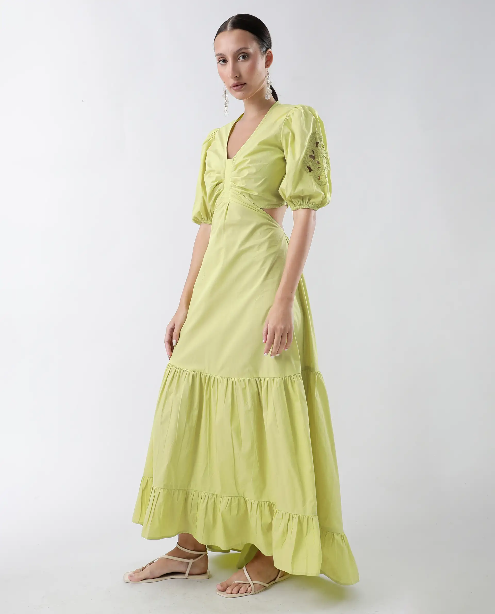 Rareism Women's Premier Green Cotton V-Neck Plain Puff Sleeves Maxi Fit And Flare Dress - Image 6