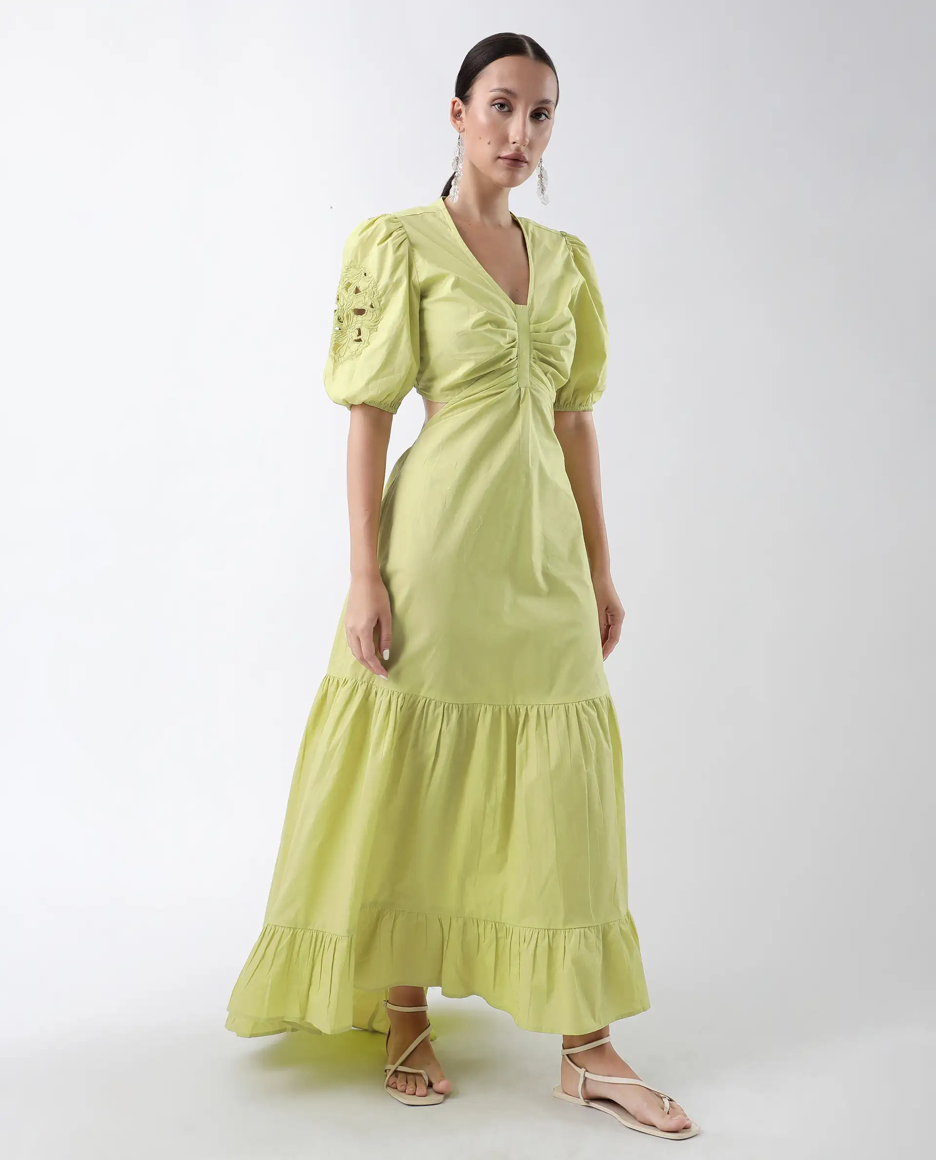 Rareism Women's Premier Green Cotton V-Neck Plain Puff Sleeves Maxi Fit And Flare Dress - Image 7
