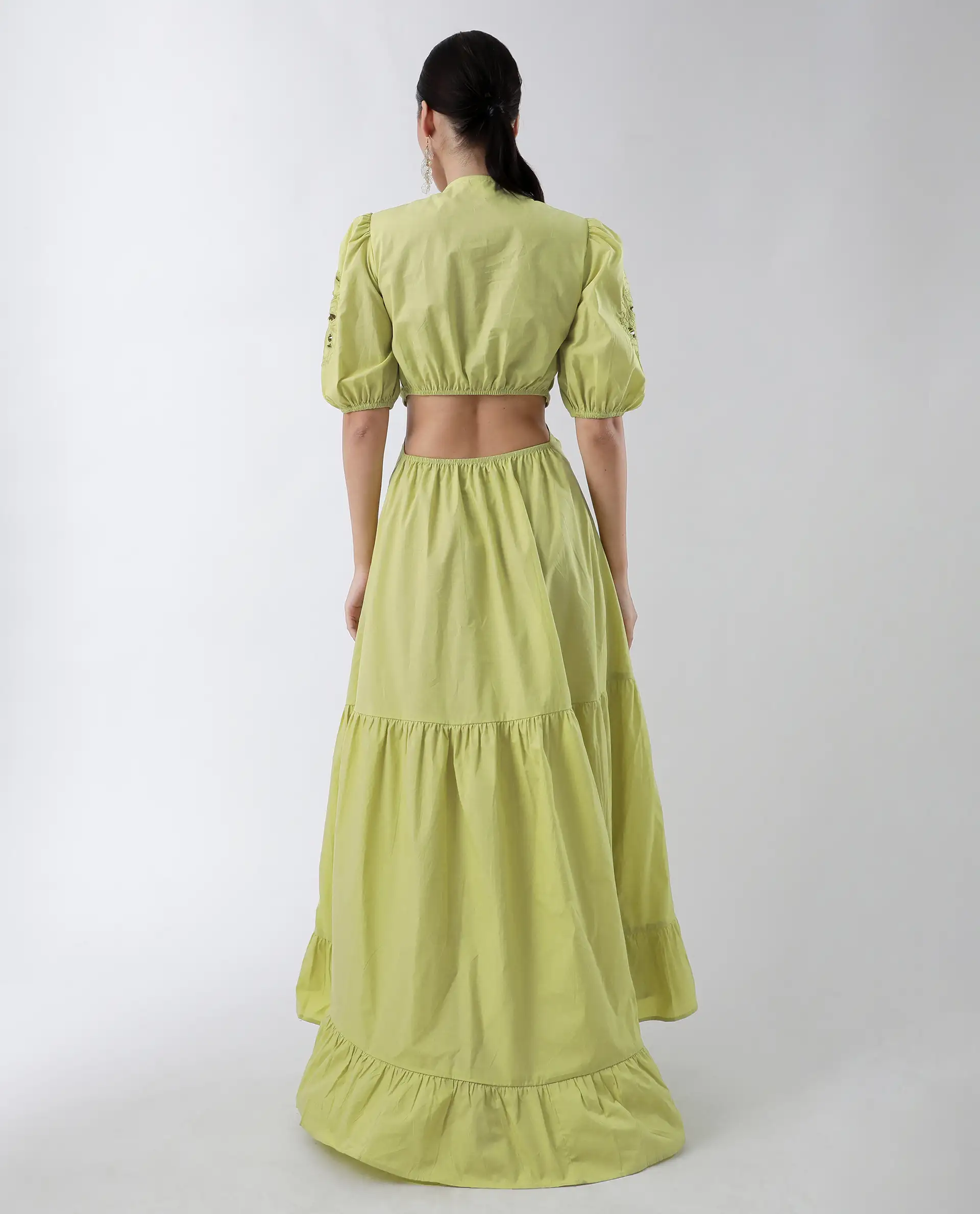 Rareism Women's Premier Green Cotton V-Neck Plain Puff Sleeves Maxi Fit And Flare Dress - Image 8