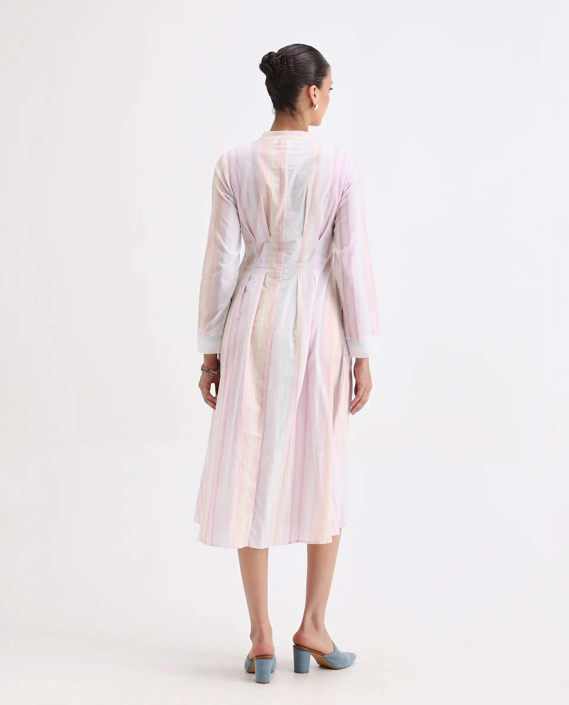 Rareism Women's Premty Multi Cotton Mandarin Collar Striped Cuffed Sleeve Maxi Flared Dress - Image 2
