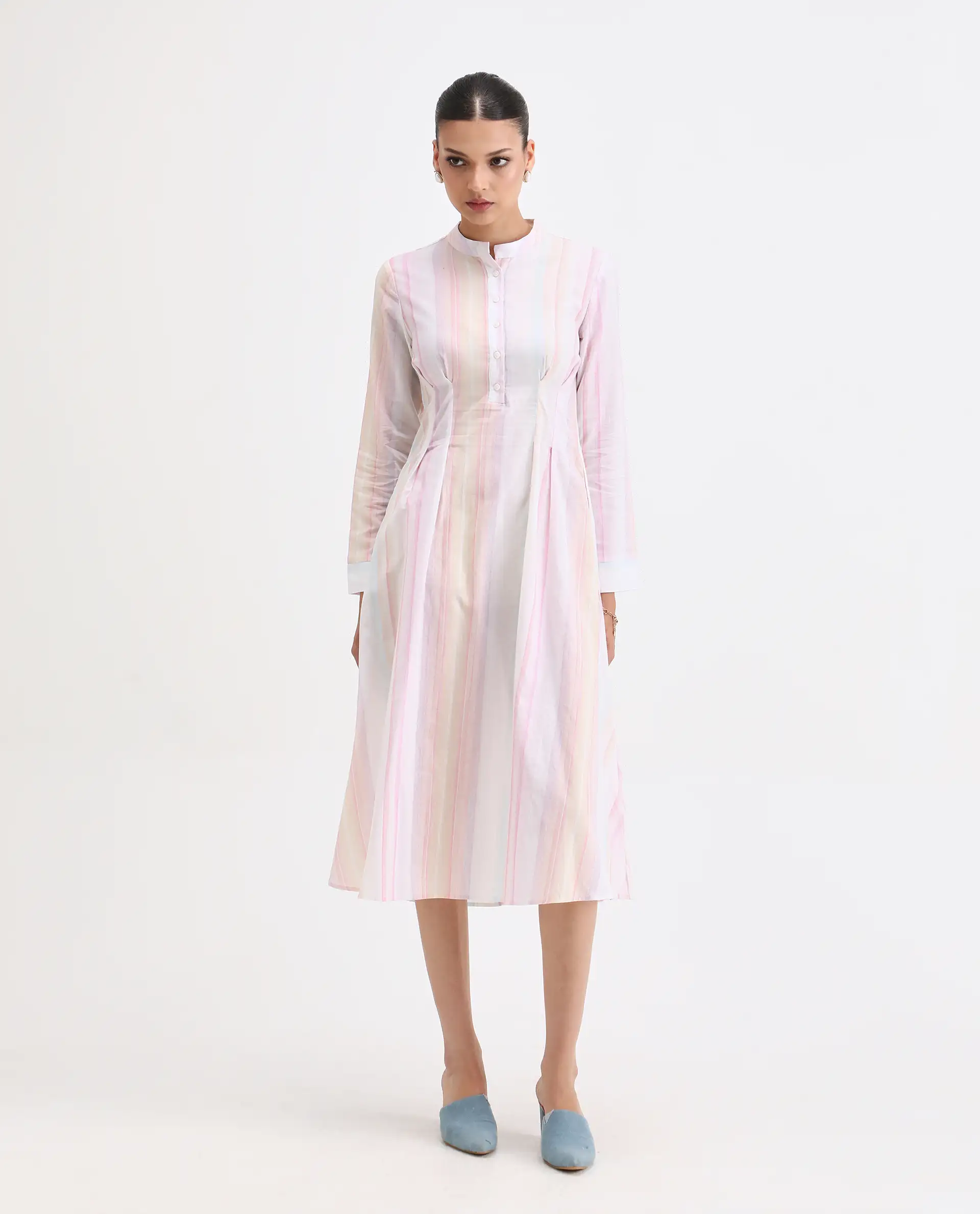 Rareism Women's Premty Multi Cotton Mandarin Collar Striped Cuffed Sleeve Maxi Flared Dress - Image 3