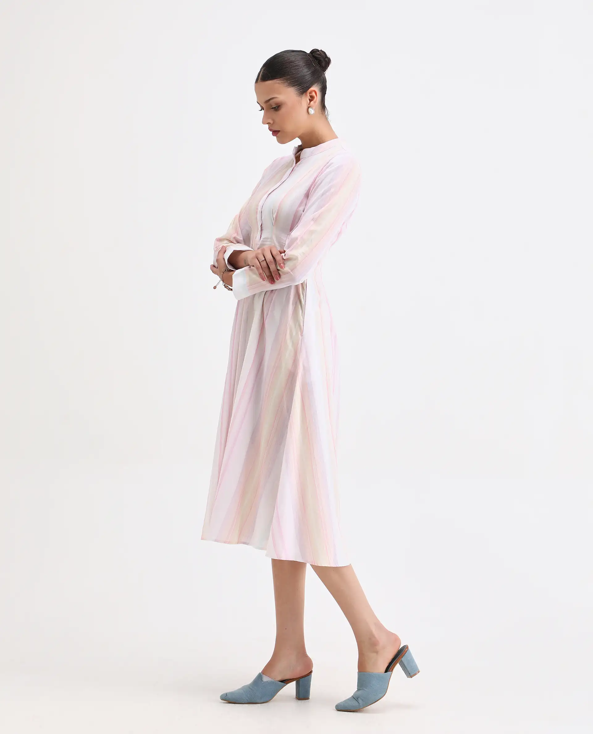 Rareism Women's Premty Multi Cotton Mandarin Collar Striped Cuffed Sleeve Maxi Flared Dress - Image 4