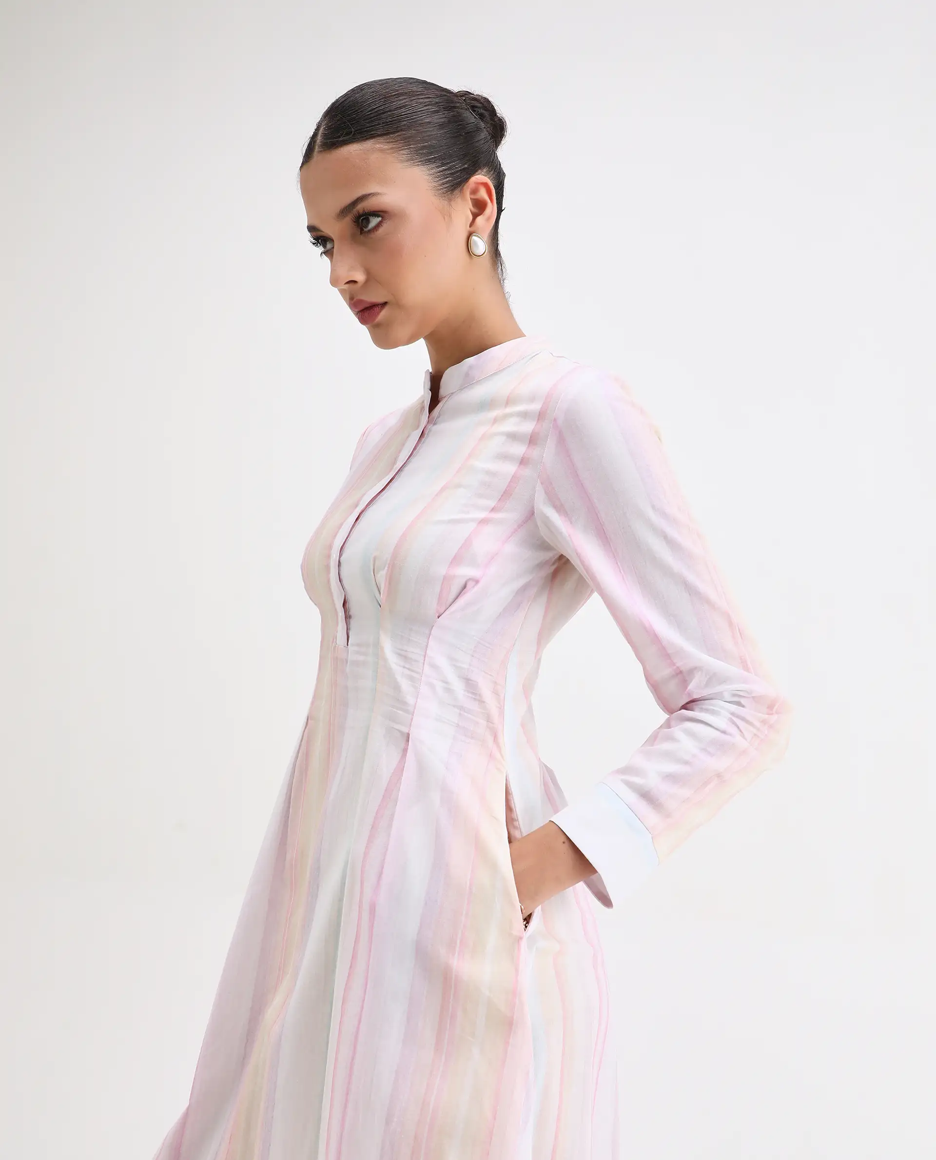 Rareism Women's Premty Multi Cotton Mandarin Collar Striped Cuffed Sleeve Maxi Flared Dress - Image 5