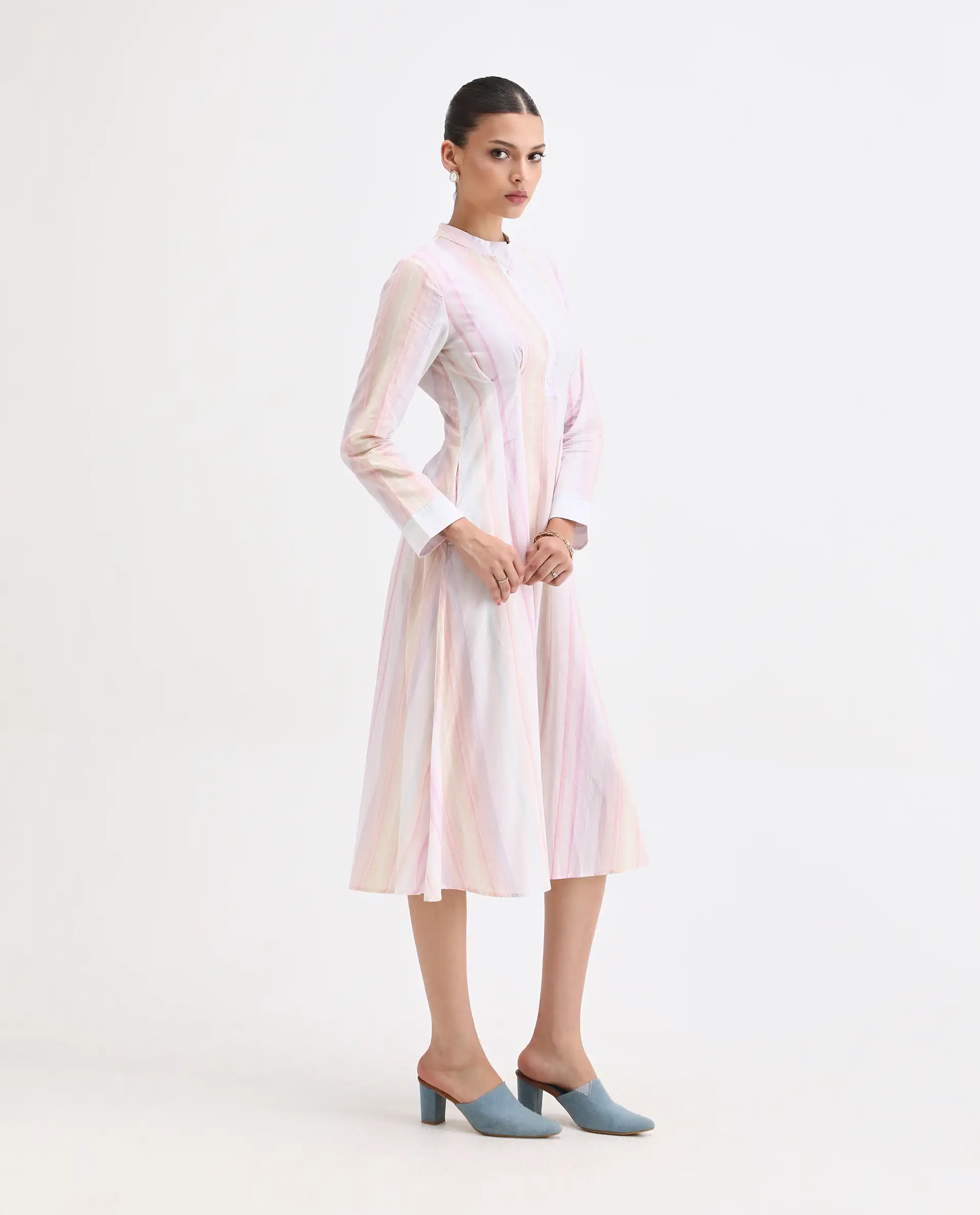 Rareism Women's Premty Multi Cotton Mandarin Collar Striped Cuffed Sleeve Maxi Flared Dress - Image 6