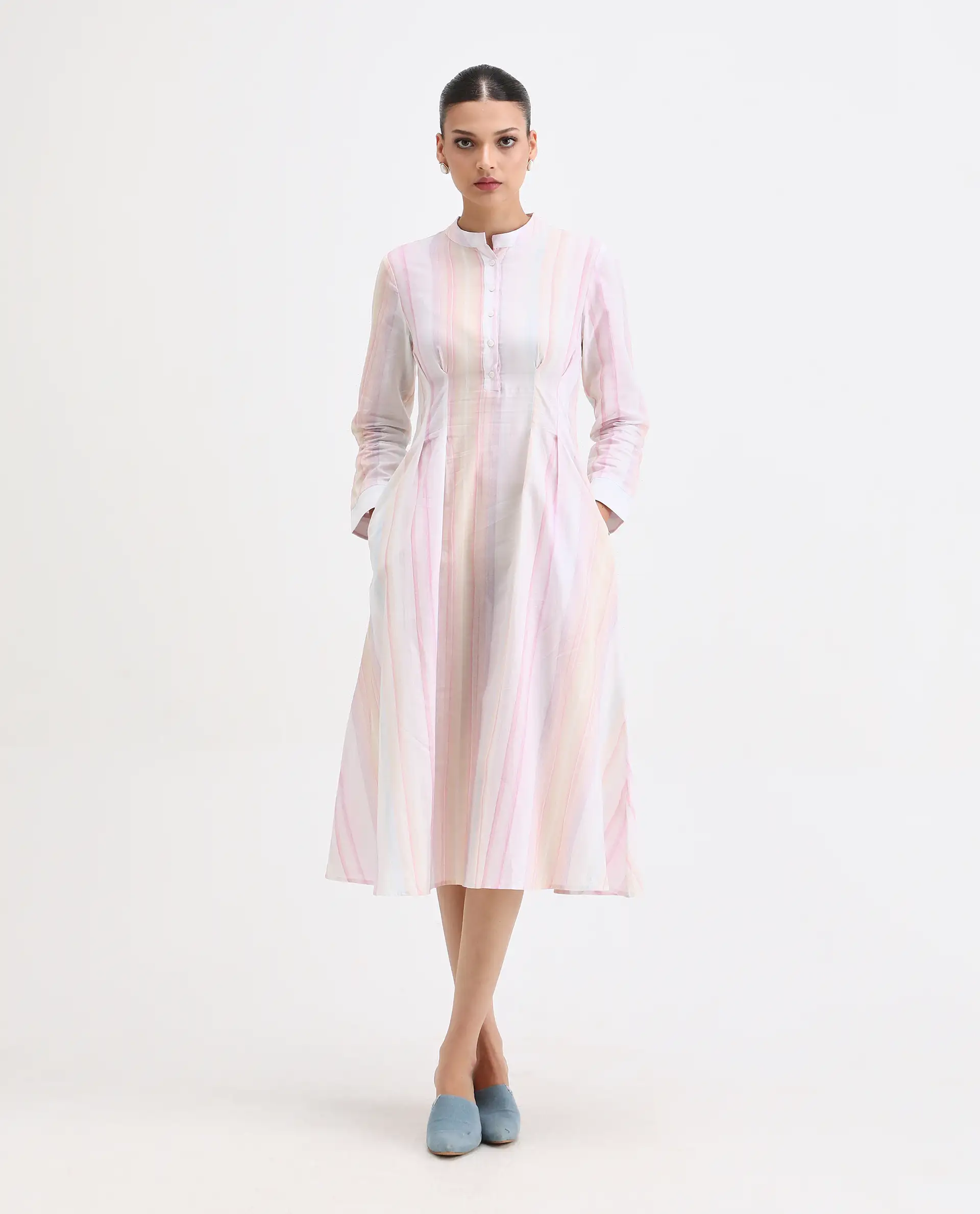 Rareism Women's Premty Multi Cotton Mandarin Collar Striped Cuffed Sleeve Maxi Flared Dress - Image 8