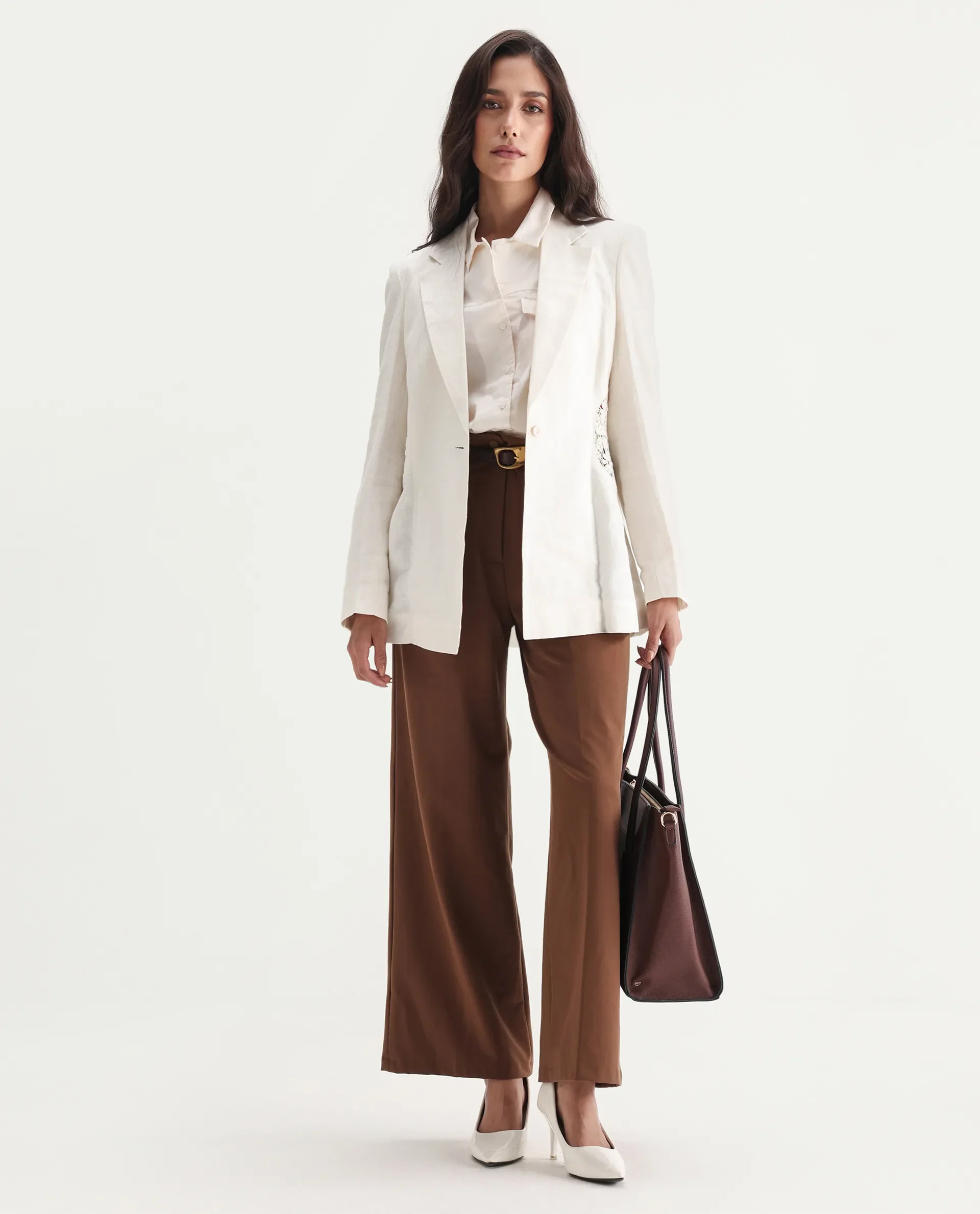 Rareism Women's Prender Off White Linen Lapel Neck Regular Fit Plain Blazer - Image 2