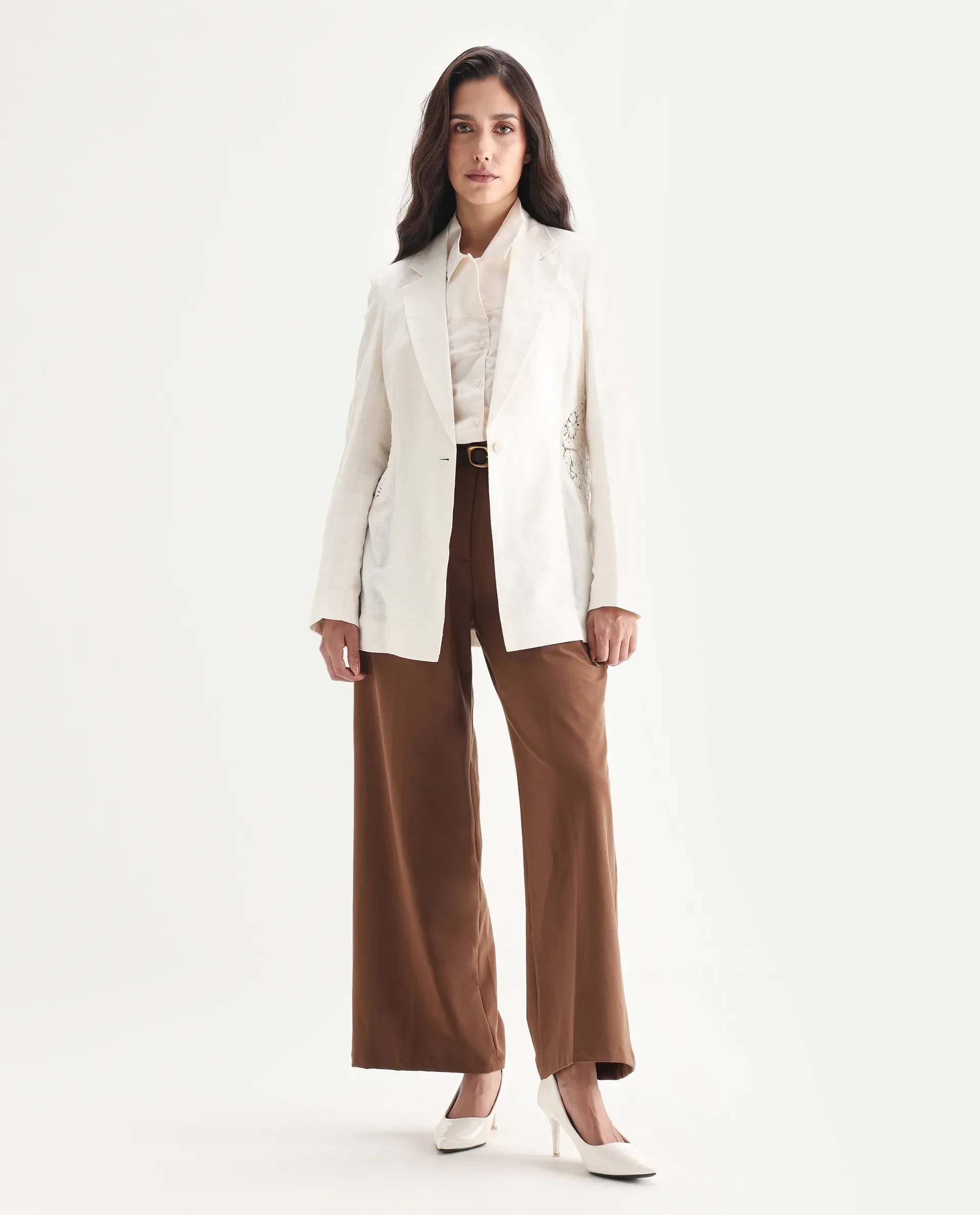 Rareism Women's Prender Off White Linen Lapel Neck Regular Fit Plain Blazer - Image 4