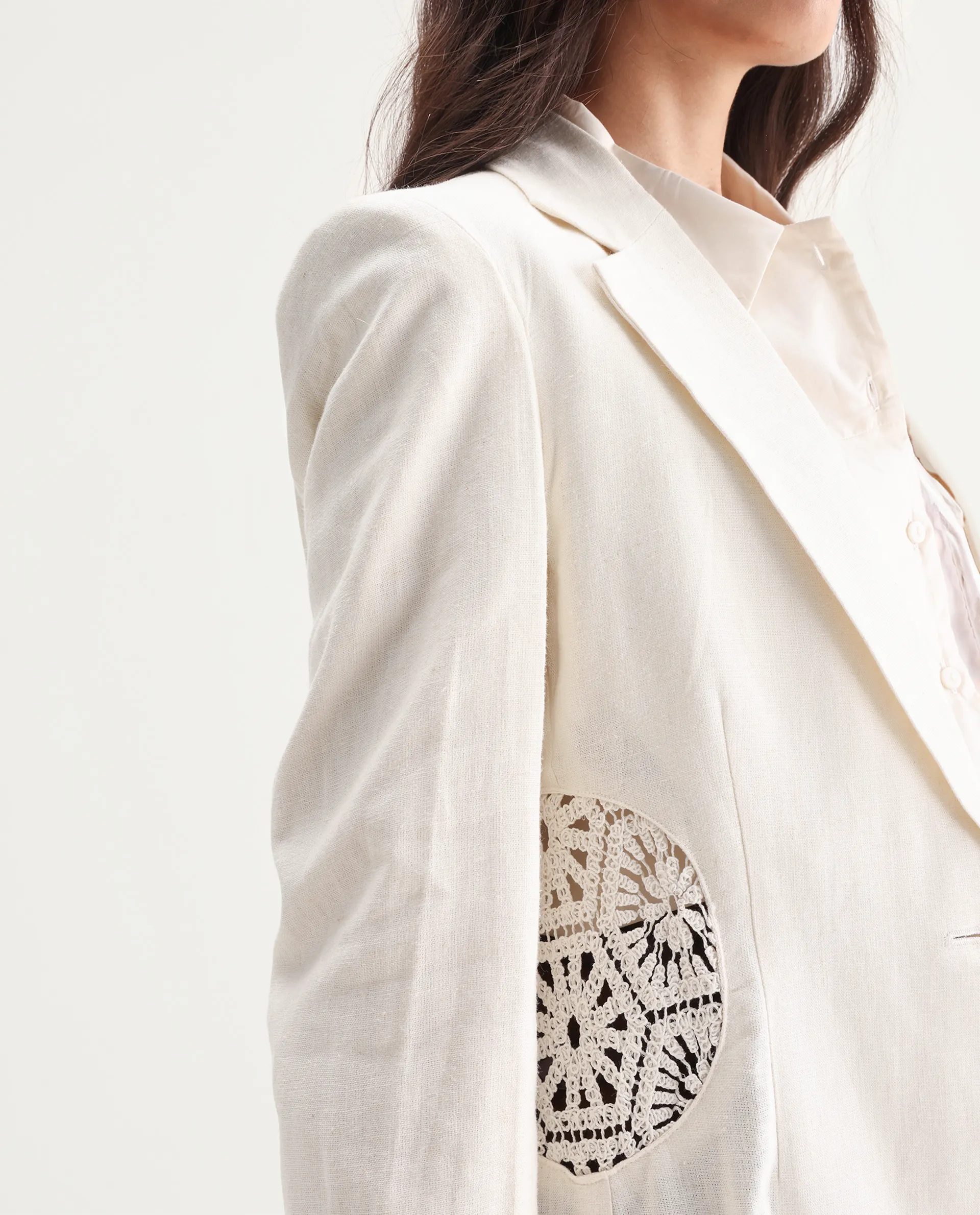 Rareism Women's Prender Off White Linen Lapel Neck Regular Fit Plain Blazer - Image 5