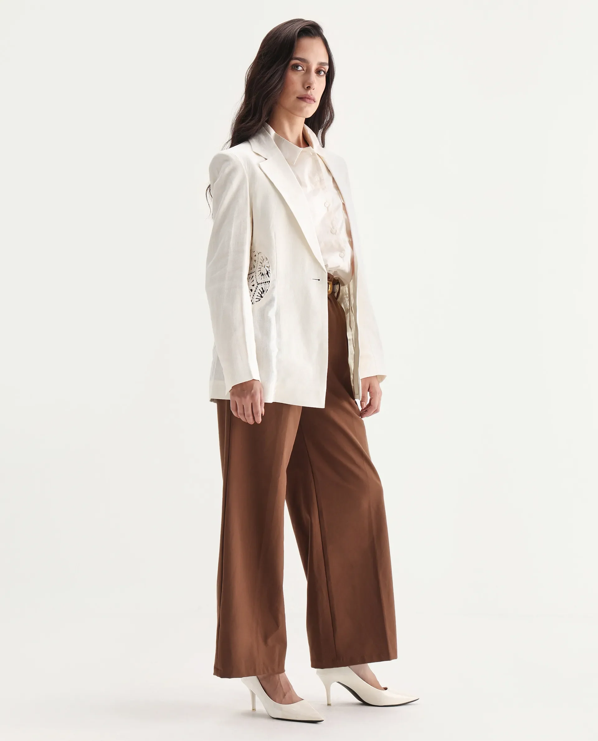 Rareism Women's Prender Off White Linen Lapel Neck Regular Fit Plain Blazer - Image 6
