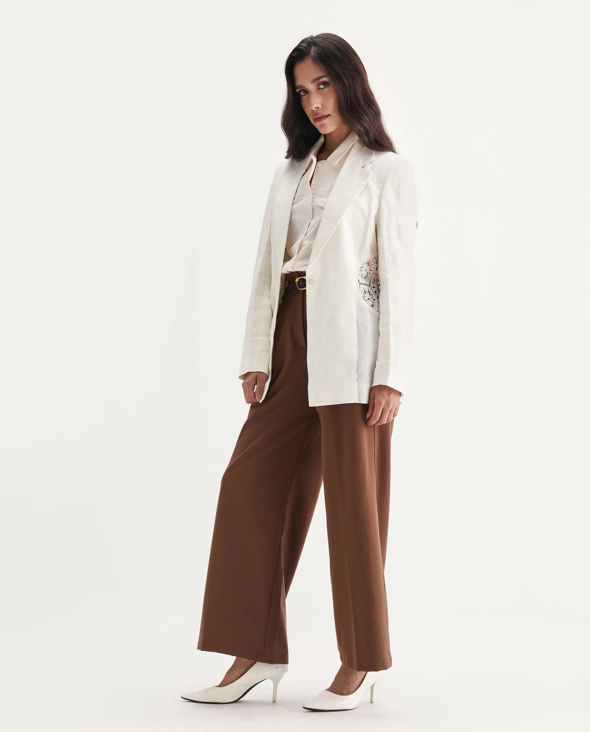 Rareism Women's Prender Off White Linen Lapel Neck Regular Fit Plain Blazer - Image 7