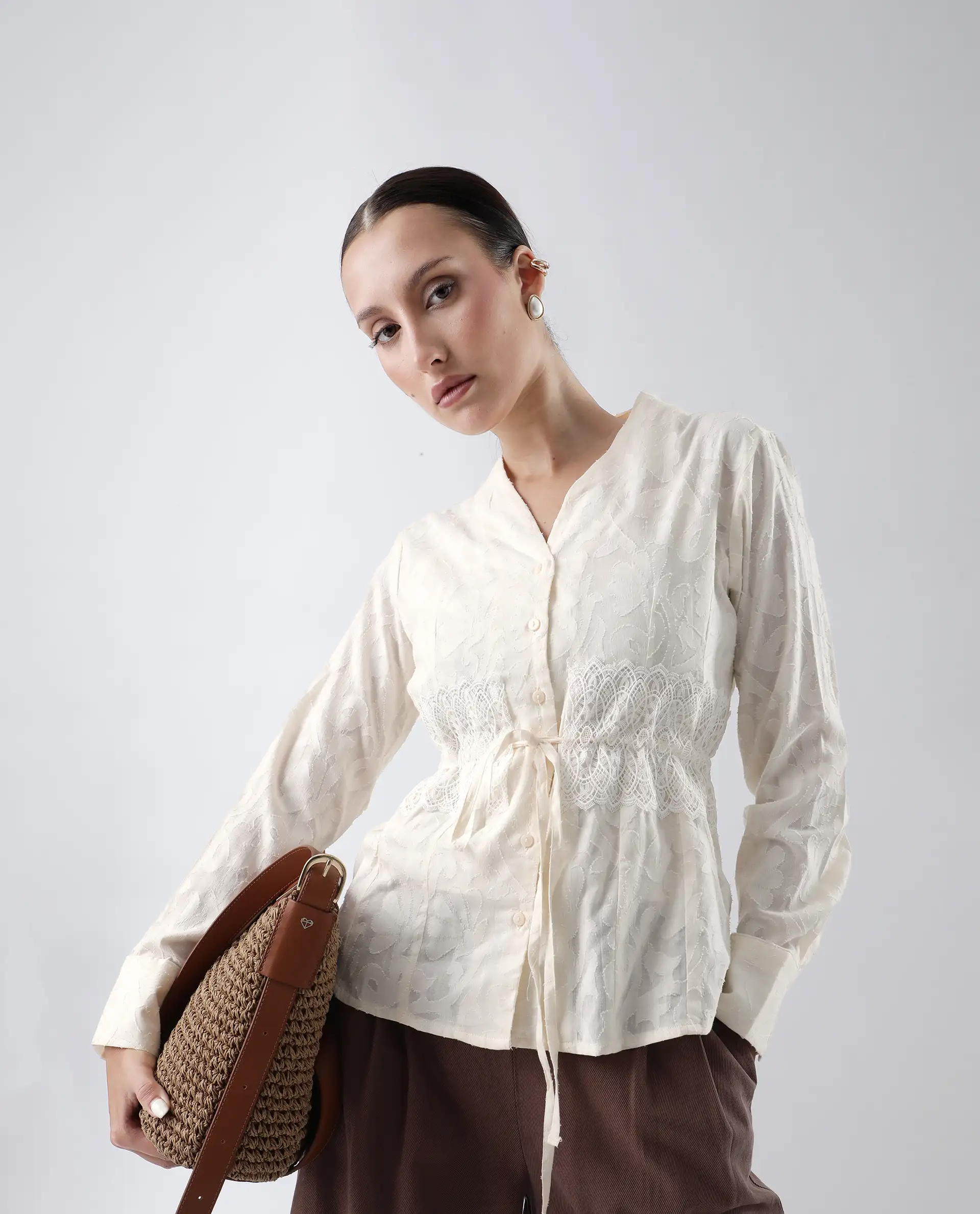 Rareism Women's Prenick Off White Cotton Built-Up Neck Plain Cuffed Sleeve Regular Fit Top - Image 2