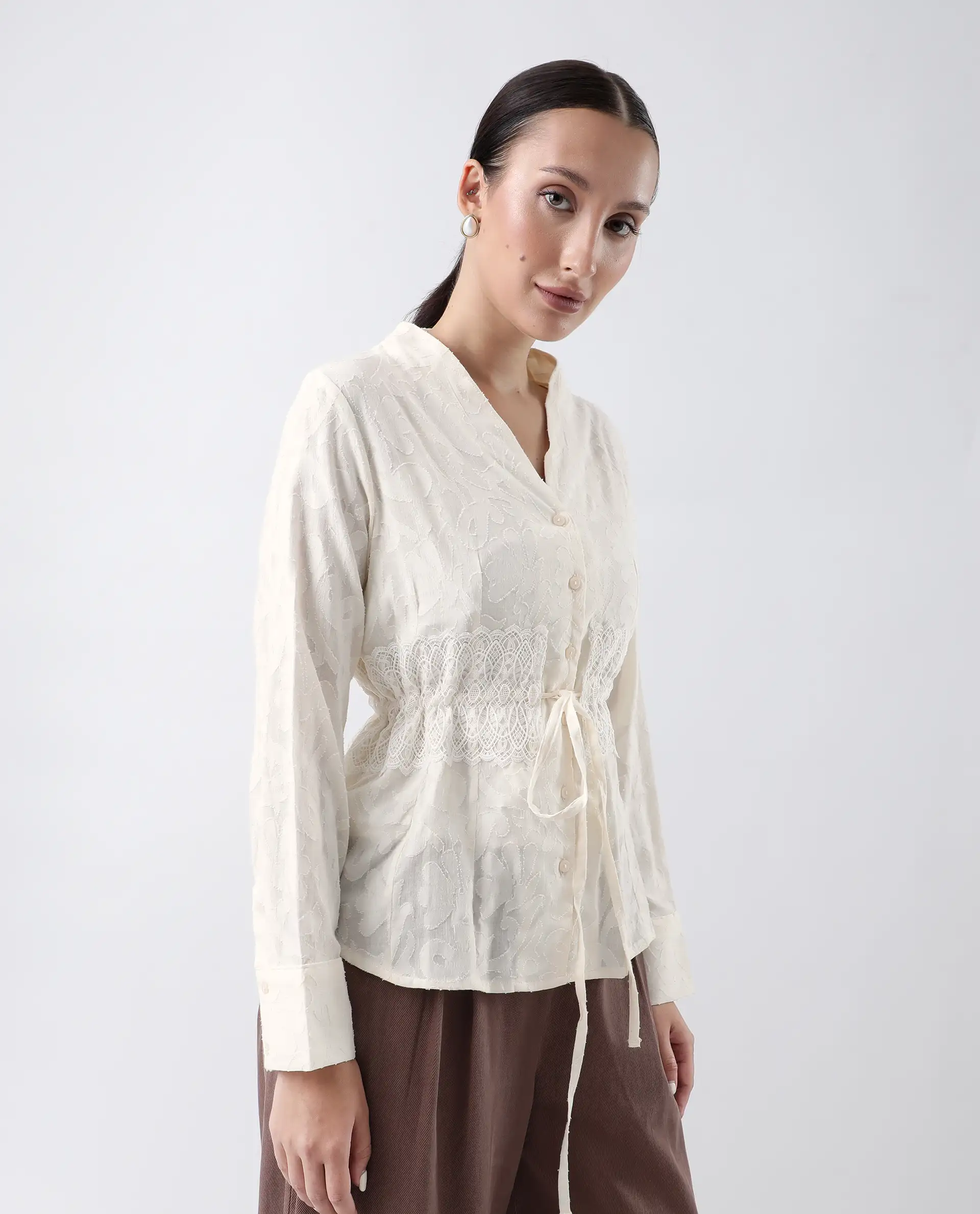 Rareism Women's Prenick Off White Cotton Built-Up Neck Plain Cuffed Sleeve Regular Fit Top - Image 5