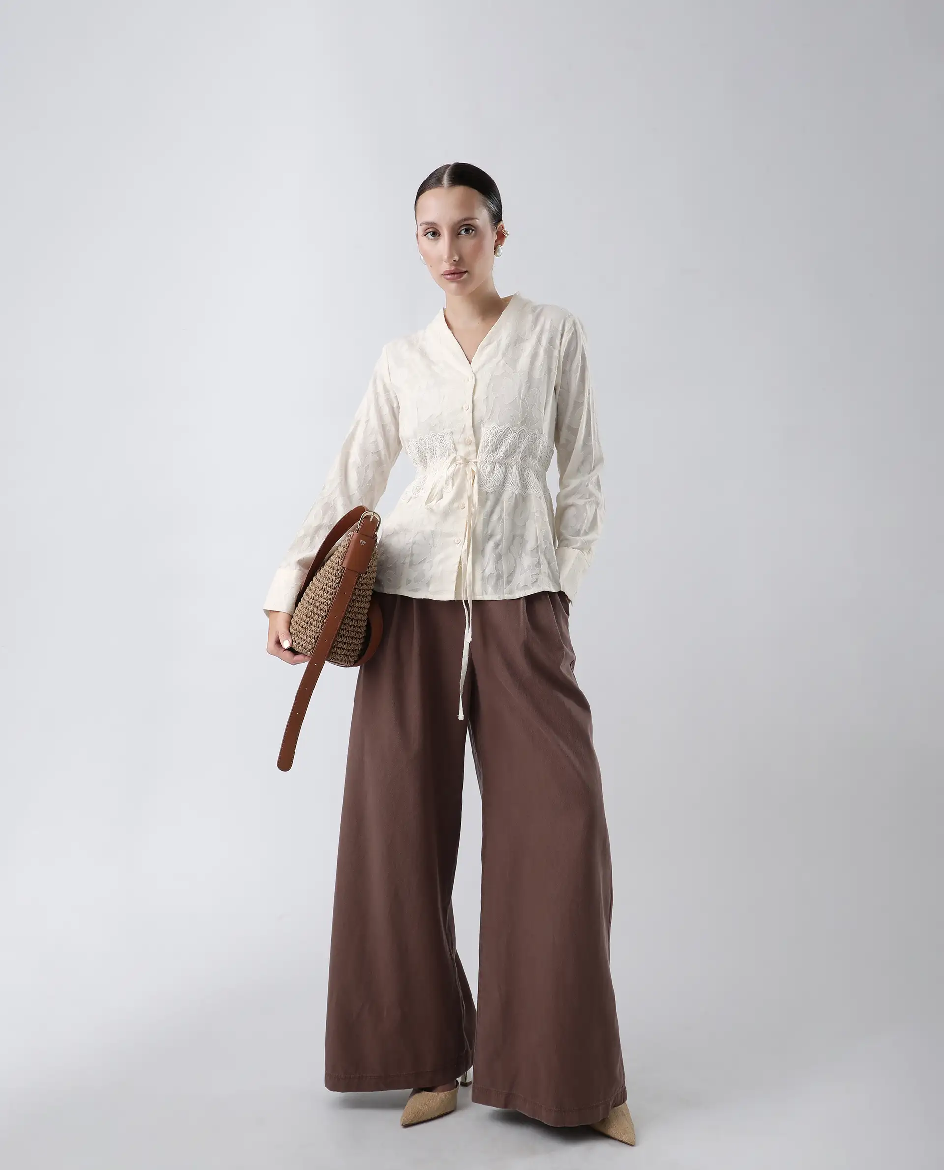 Rareism Women's Prenick Off White Cotton Built-Up Neck Plain Cuffed Sleeve Regular Fit Top - Image 7