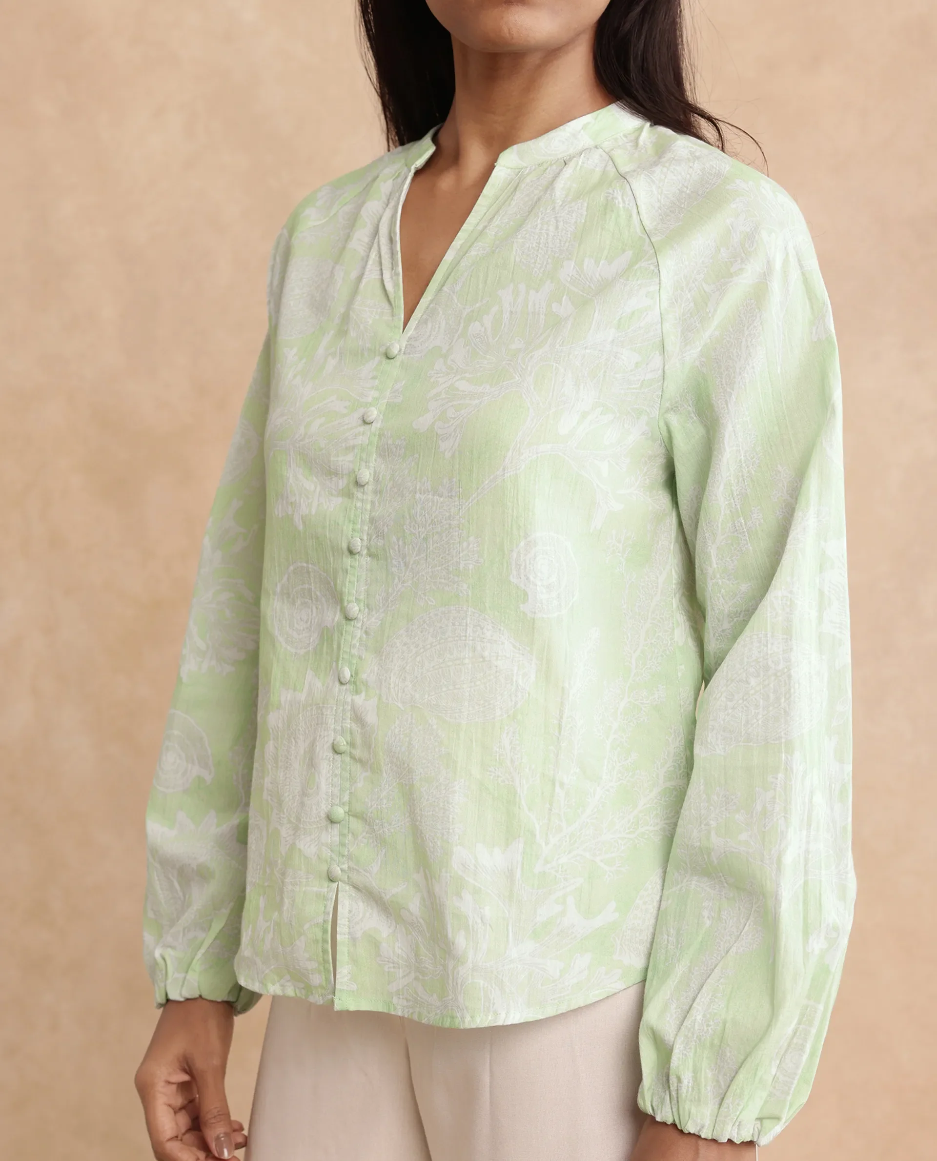 Rareism Women's Prenser Green Cotton Spread Collar Abstract Print Raglan Sleeve Relaxed Fit Top - Image 2